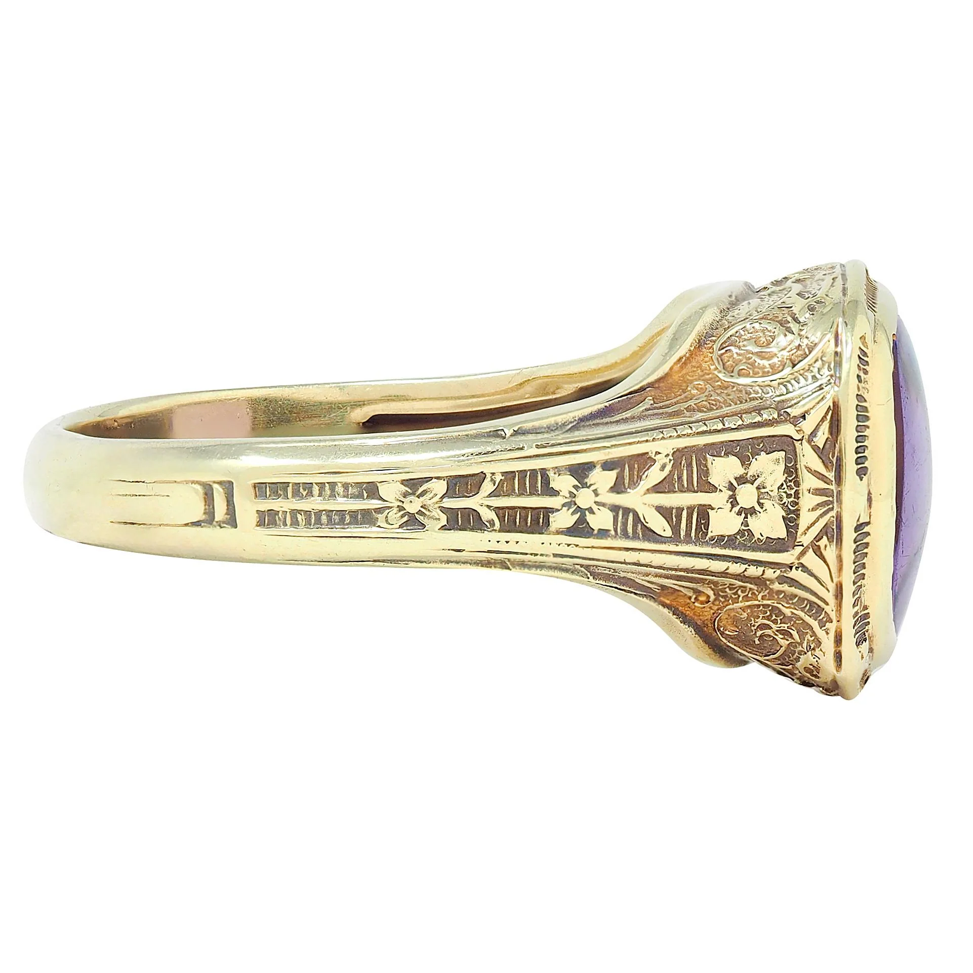 Art Nouveau Amethyst 14 Karat Yellow Gold Antique Scrolling Floral Vine Signet Ring - Image 2