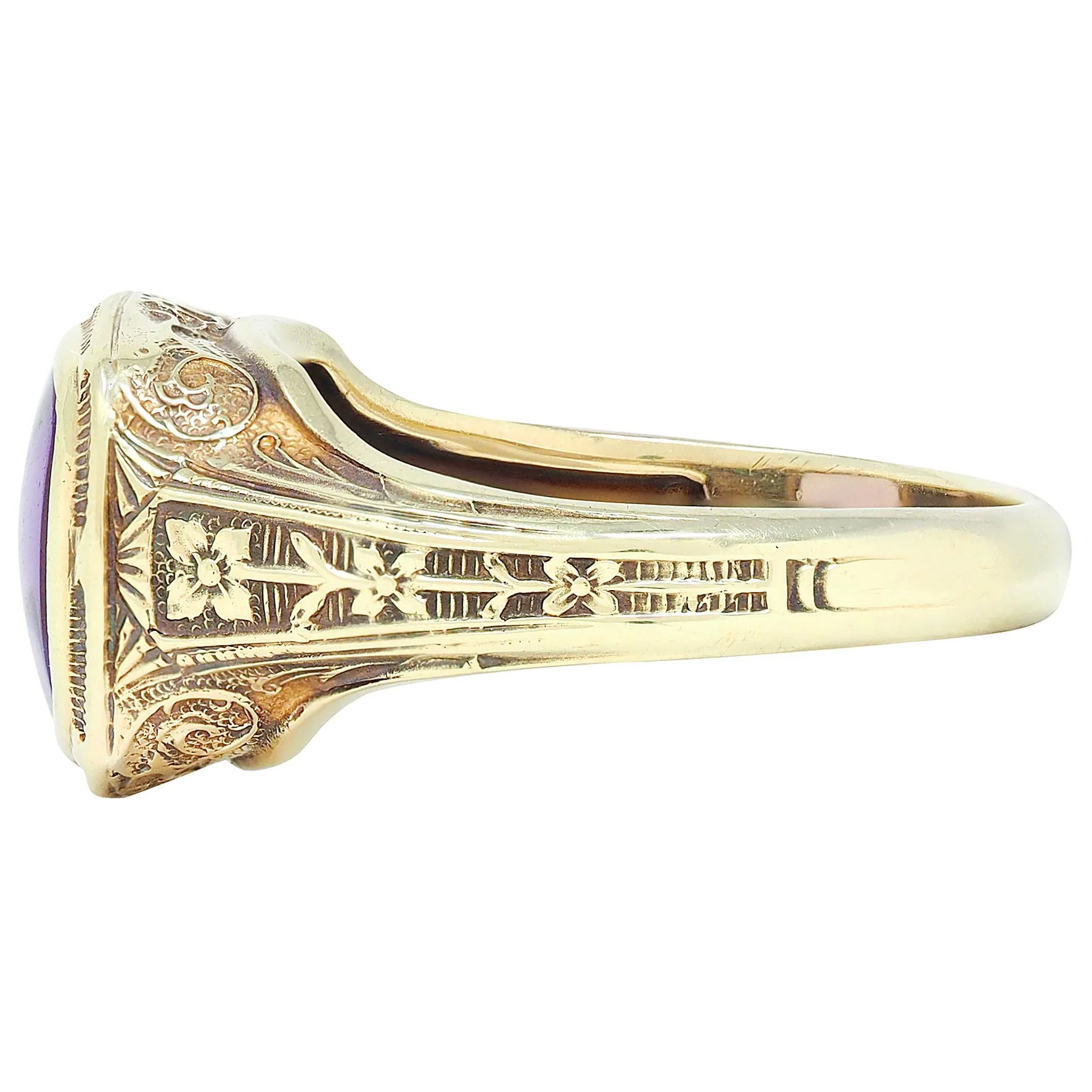 Art Nouveau Amethyst 14 Karat Yellow Gold Antique Scrolling Floral Vine Signet Ring - Image 4