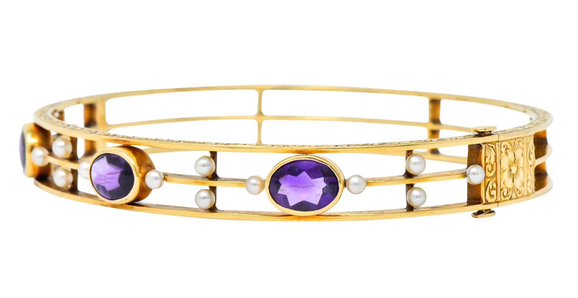 Art Nouveau Amethyst Pearl 14 Karat Gold Bangle Bracelet - Image 7
