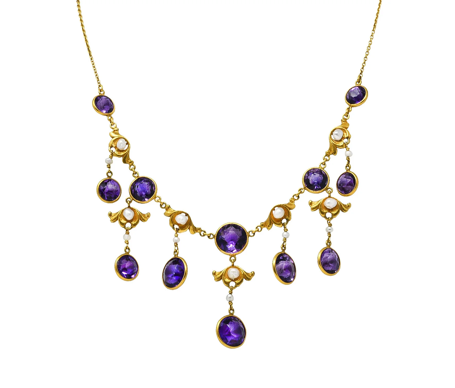 Art Nouveau Amethyst Pearl 14 Karat Gold Station Fringe Drop Necklace - Image 10