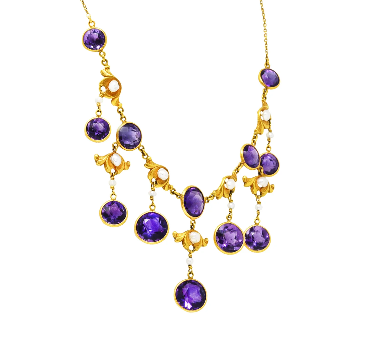 Art Nouveau Amethyst Pearl 14 Karat Gold Station Fringe Drop Necklace - Image 4