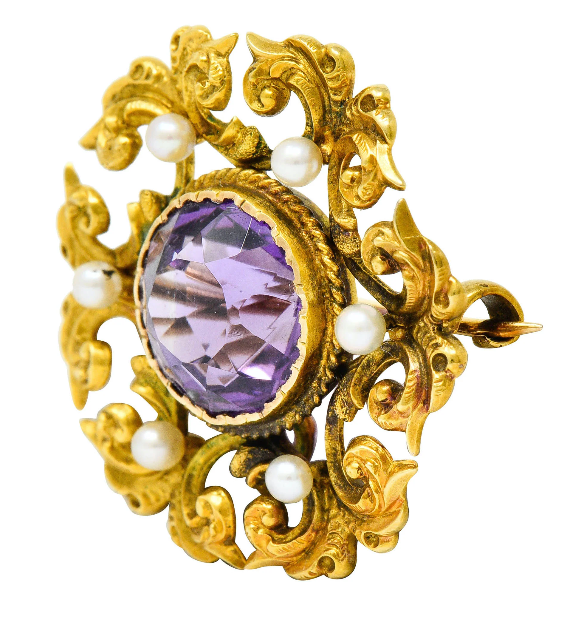Art Nouveau Amethyst Pearl 14 Karat Gold Watch Pin Brooch - Image 4