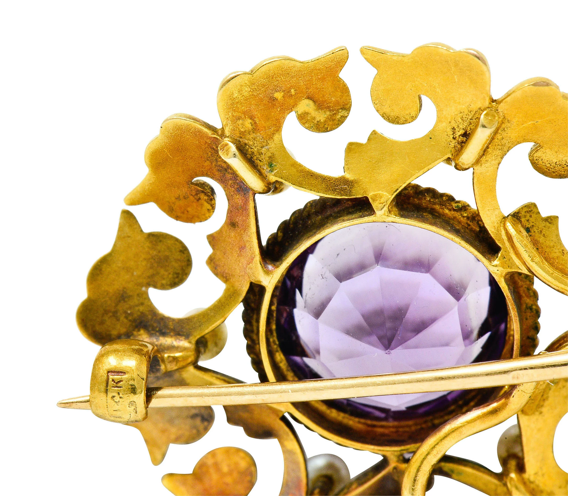 Art Nouveau Amethyst Pearl 14 Karat Gold Watch Pin Brooch - Image 5