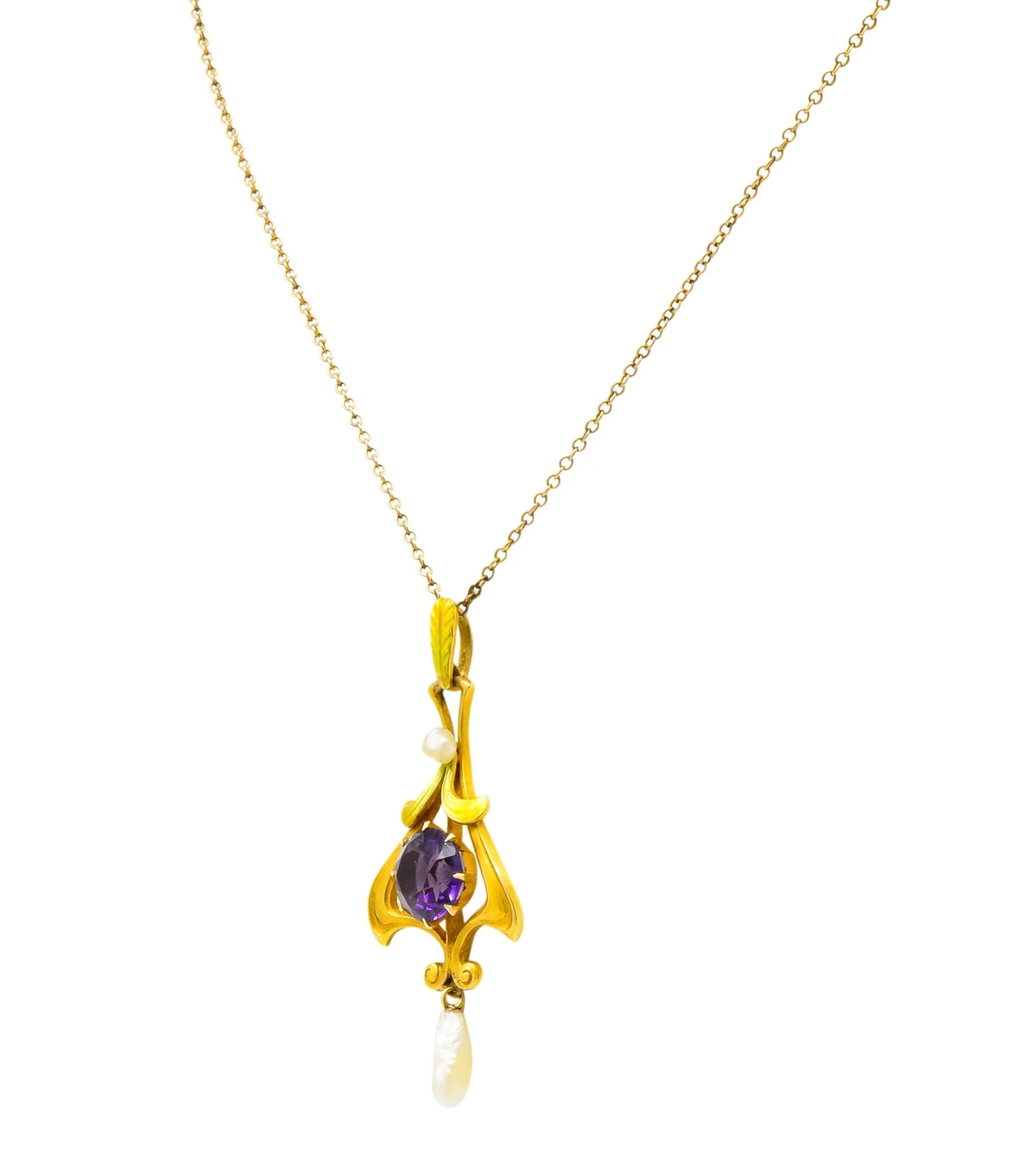 Art Nouveau Amethyst Pearl Enamel 14 Karat Gold Pendant Necklace - Image 2