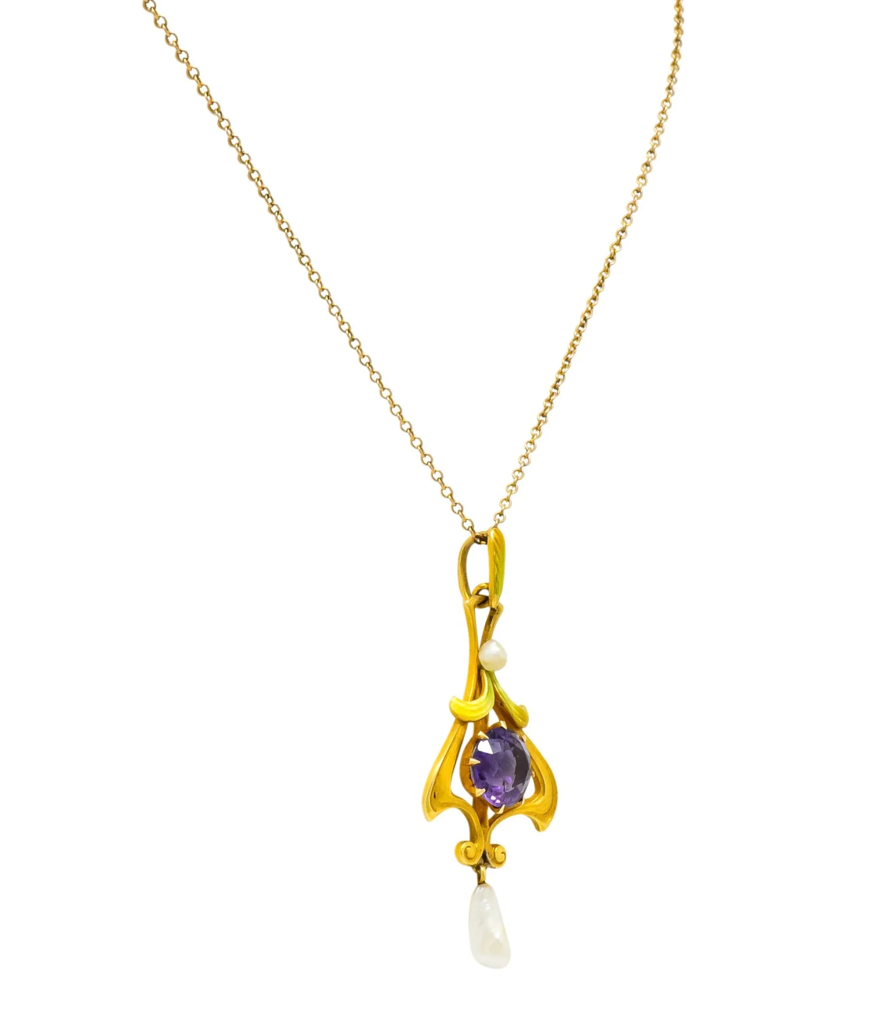 Art Nouveau Amethyst Pearl Enamel 14 Karat Gold Pendant Necklace - Image 3