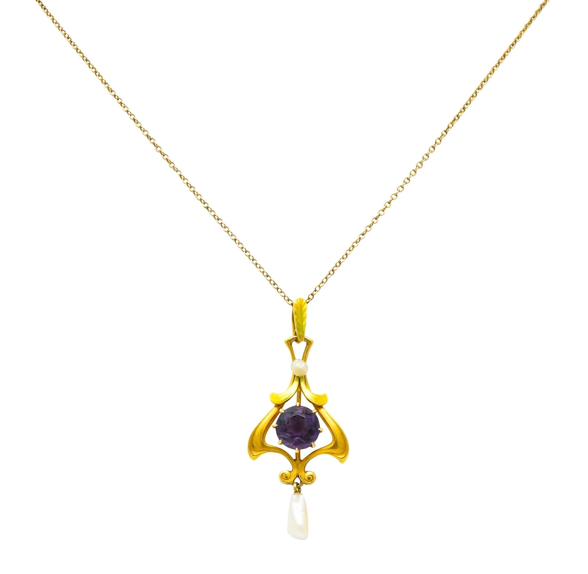 Art Nouveau Amethyst Pearl Enamel 14 Karat Gold Pendant Necklace - Image 7