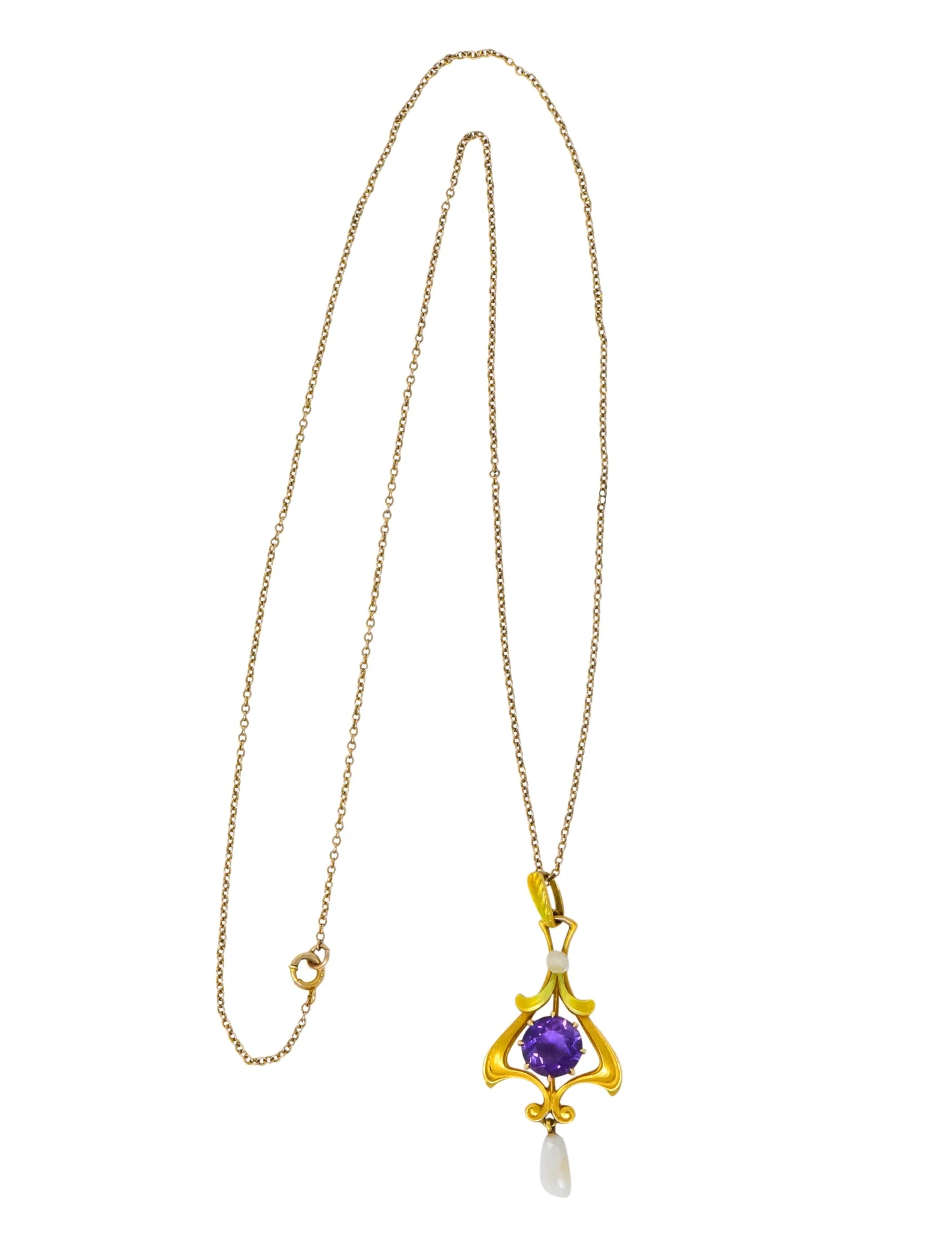 Art Nouveau Amethyst Pearl Enamel 14 Karat Gold Pendant Necklace - Image 8