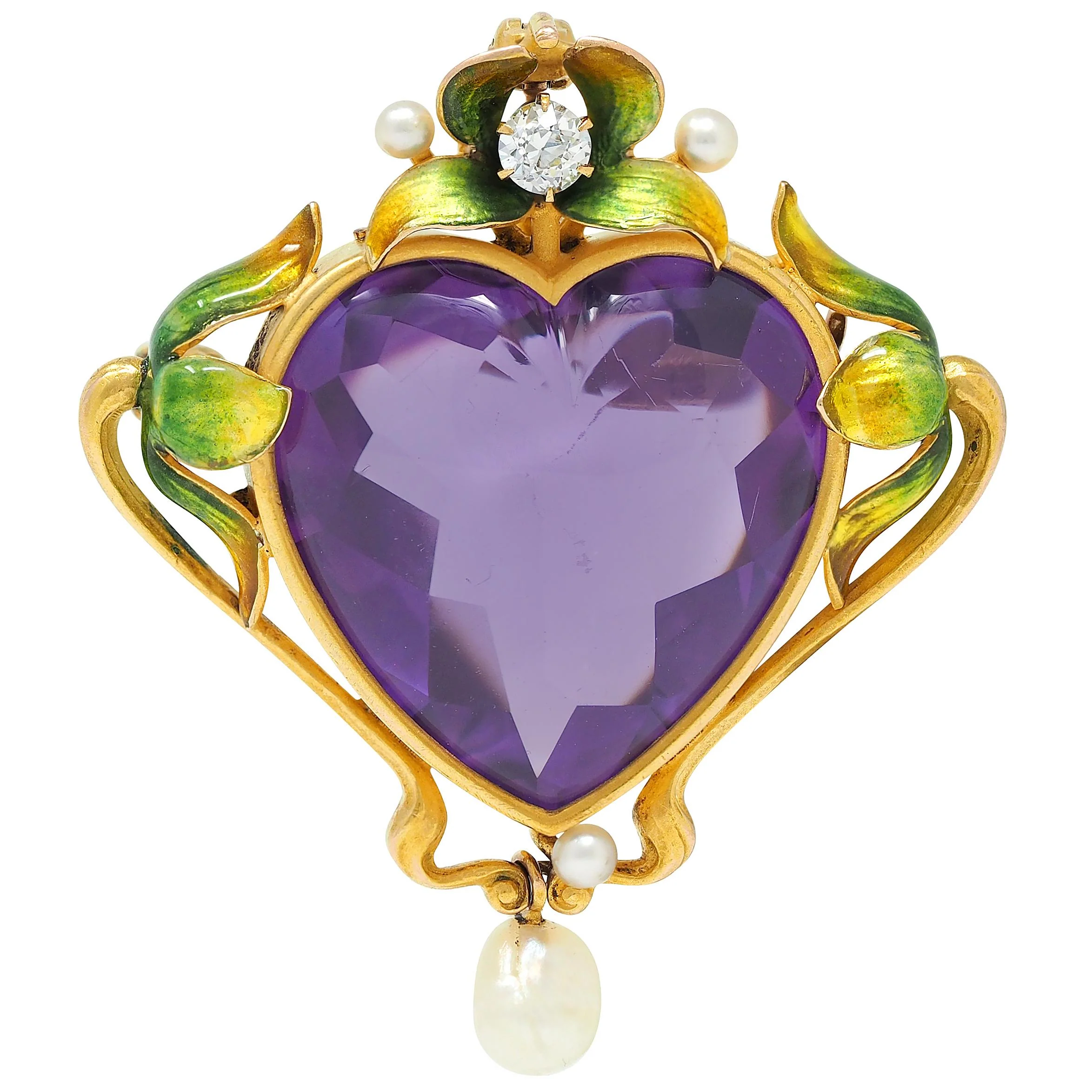 Art Nouveau Amethyst Pearl Enamel 18 Karat Yellow Gold Antique Foliate Heart Pendant Brooch