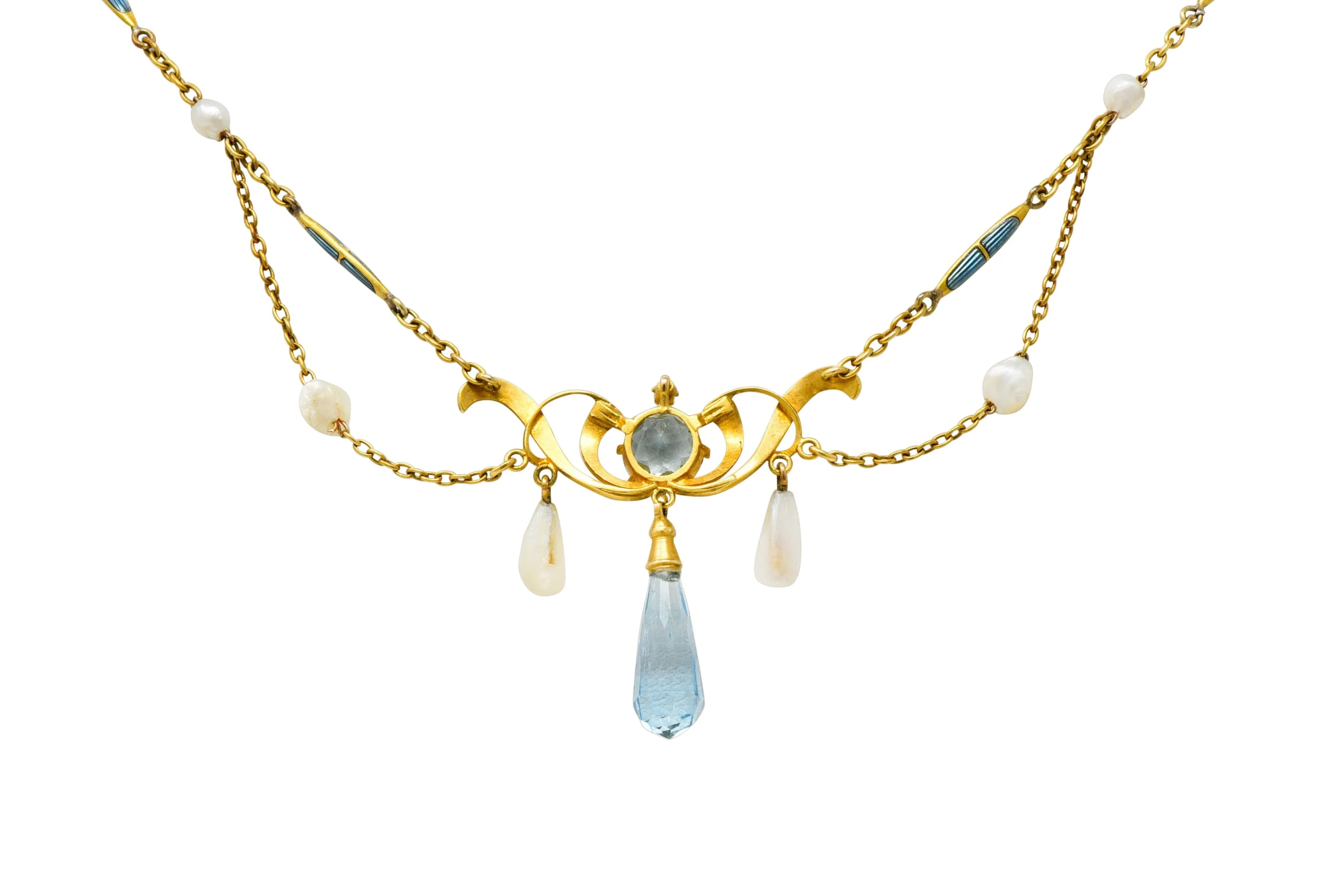 Art Nouveau Aquamarine Enamel Natural Pearl 14 Karat Gold Swag Necklace - Image 7
