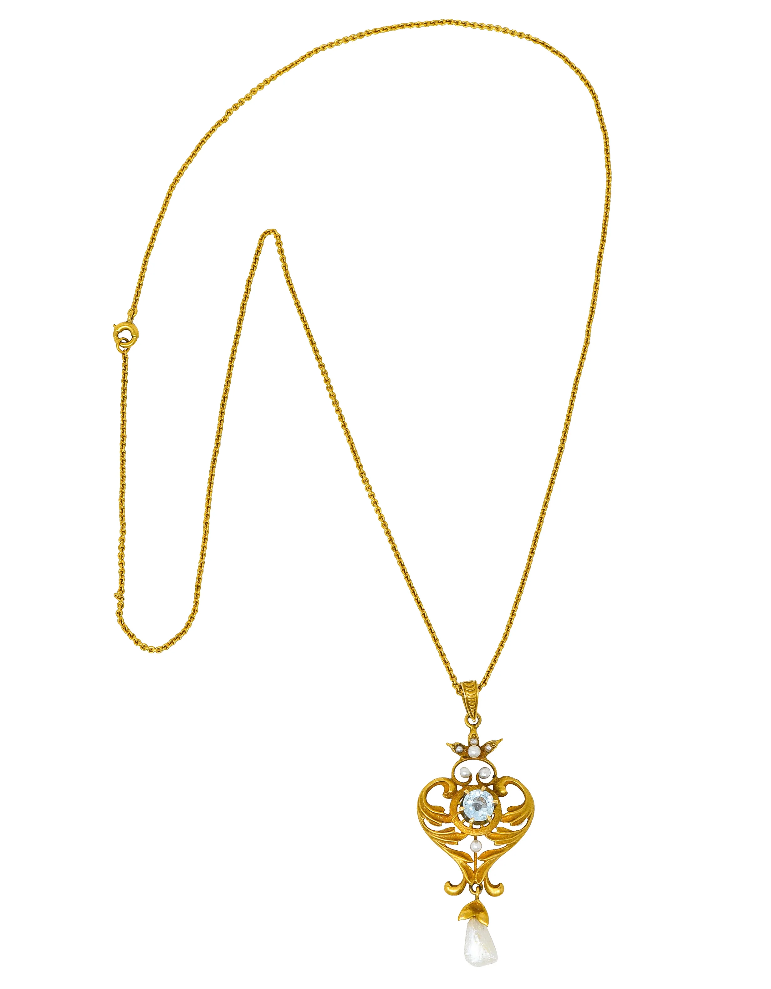 Art Nouveau Aquamarine Pearl 14 Karat Gold Pendant Drop Necklace - Image 3