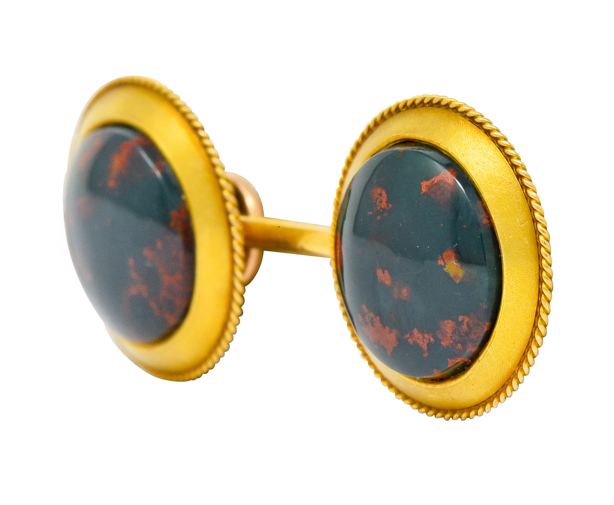Art Nouveau Bloodstone Cabochon 14 Karat Gold Circular Men's Cufflinks - Image 3