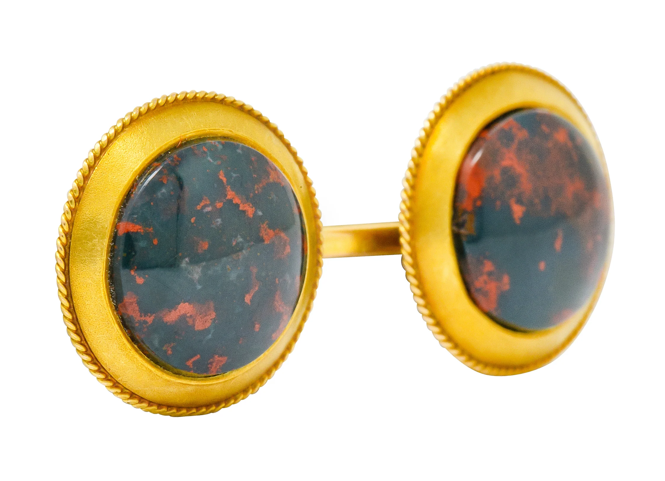 Art Nouveau Bloodstone Cabochon 14 Karat Gold Circular Men's Cufflinks - Image 4
