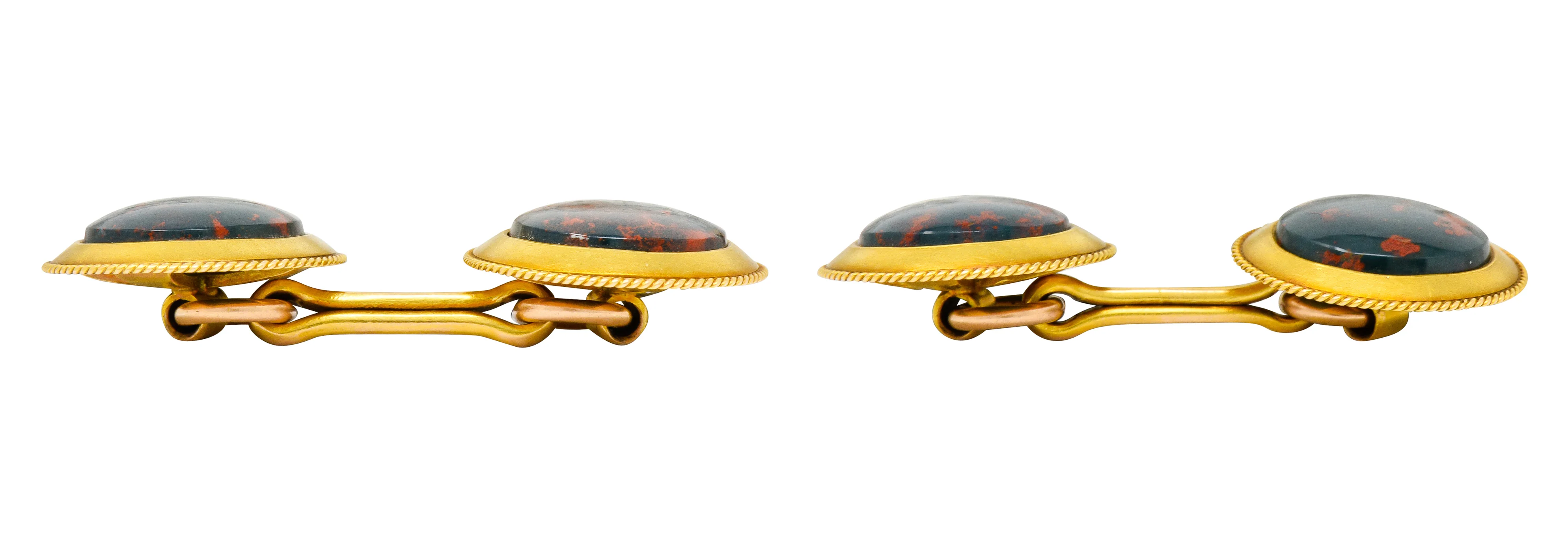 Art Nouveau Bloodstone Cabochon 14 Karat Gold Circular Men's Cufflinks - Image 5