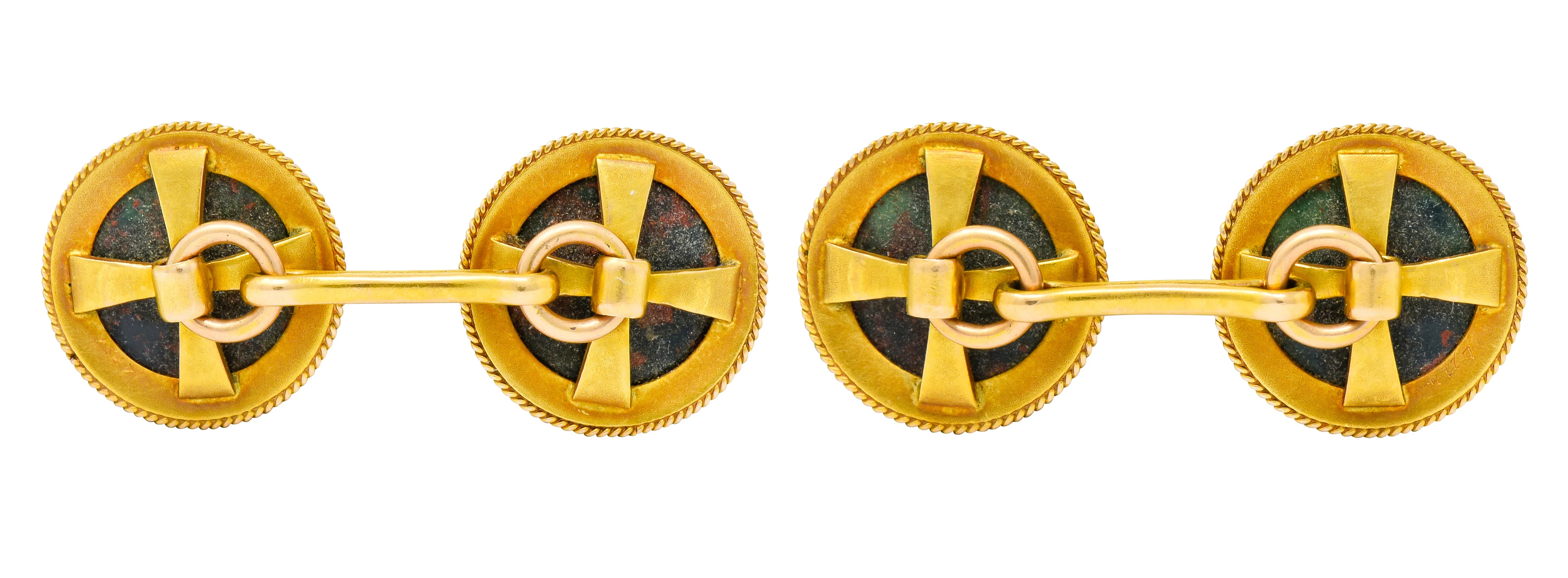 Art Nouveau Bloodstone Cabochon 14 Karat Gold Circular Men's Cufflinks - Image 6
