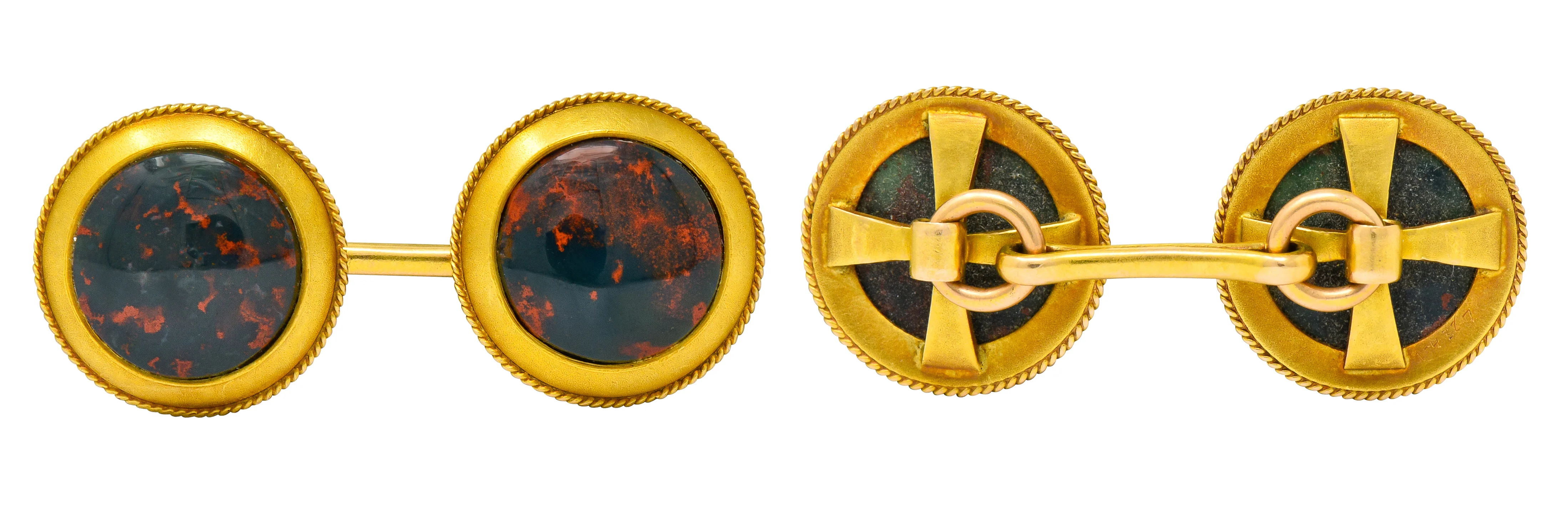 Art Nouveau Bloodstone Cabochon 14 Karat Gold Circular Men's Cufflinks - Image 7