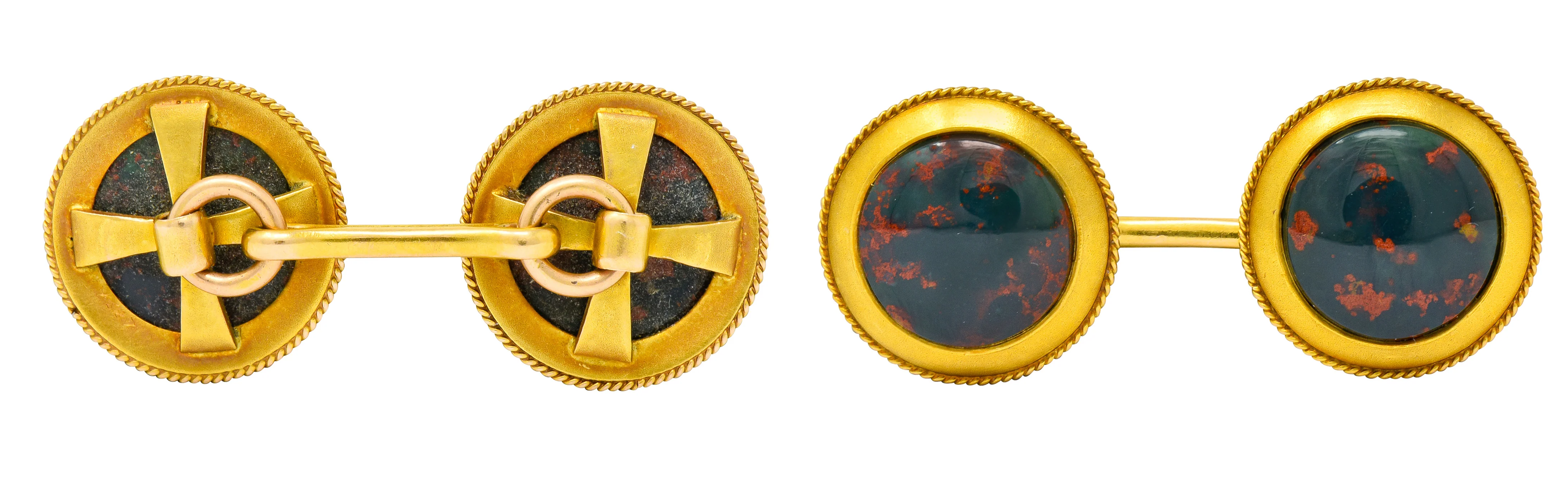 Art Nouveau Bloodstone Cabochon 14 Karat Gold Circular Men's Cufflinks - Image 8