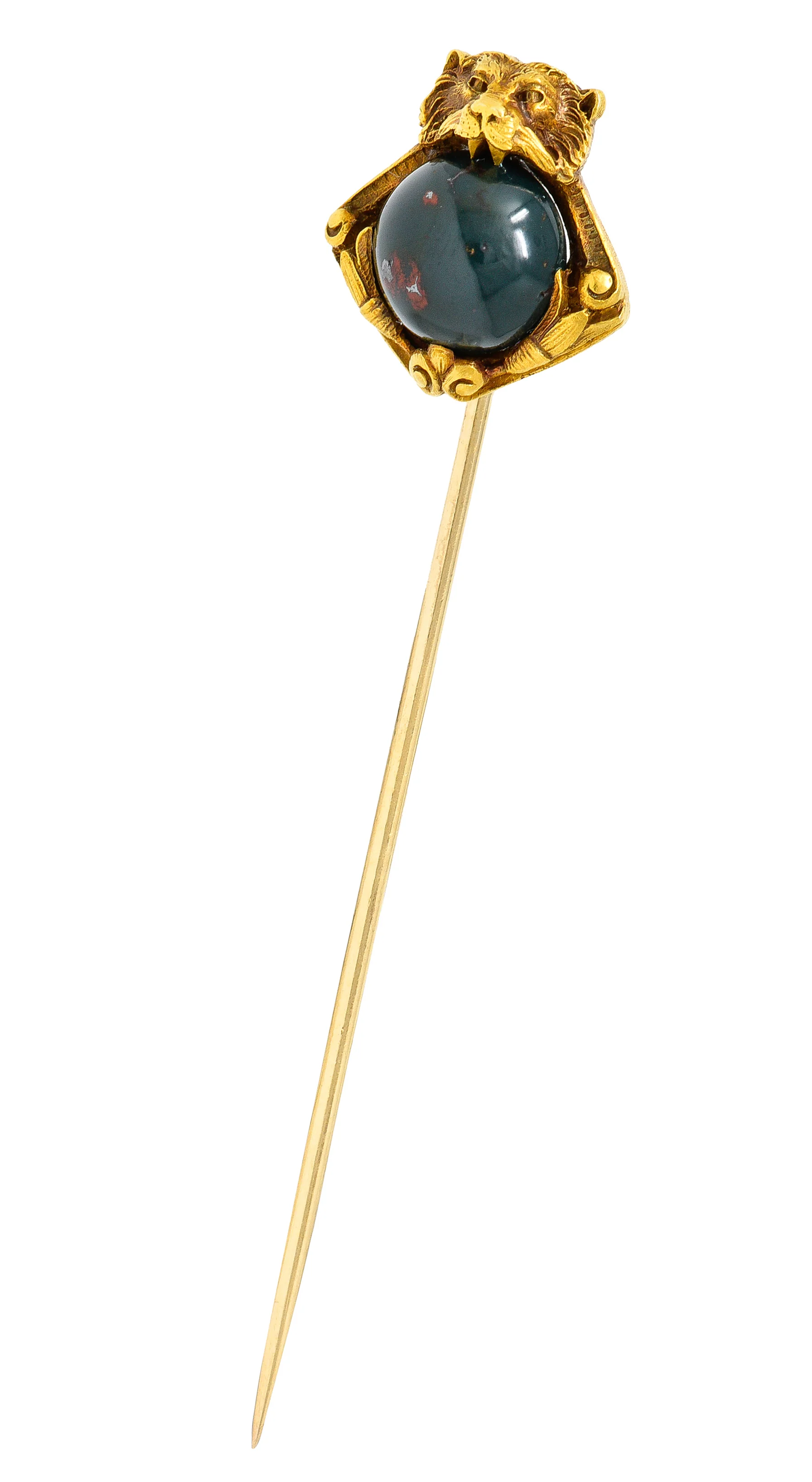 Art Nouveau Bloodstone Cabochon 18 Karat Yellow Gold Lion Lotus Antique Murrle Bennet Stickpin - Image 2
