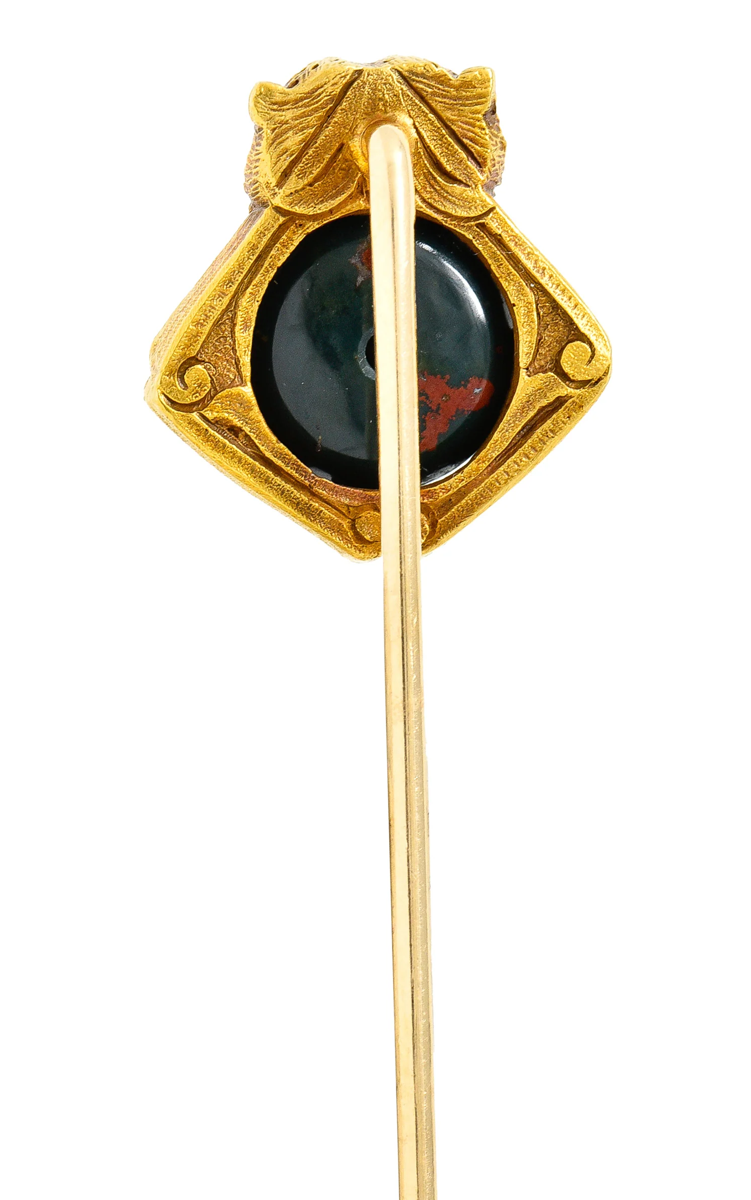 Art Nouveau Bloodstone Cabochon 18 Karat Yellow Gold Lion Lotus Antique Murrle Bennet Stickpin - Image 4
