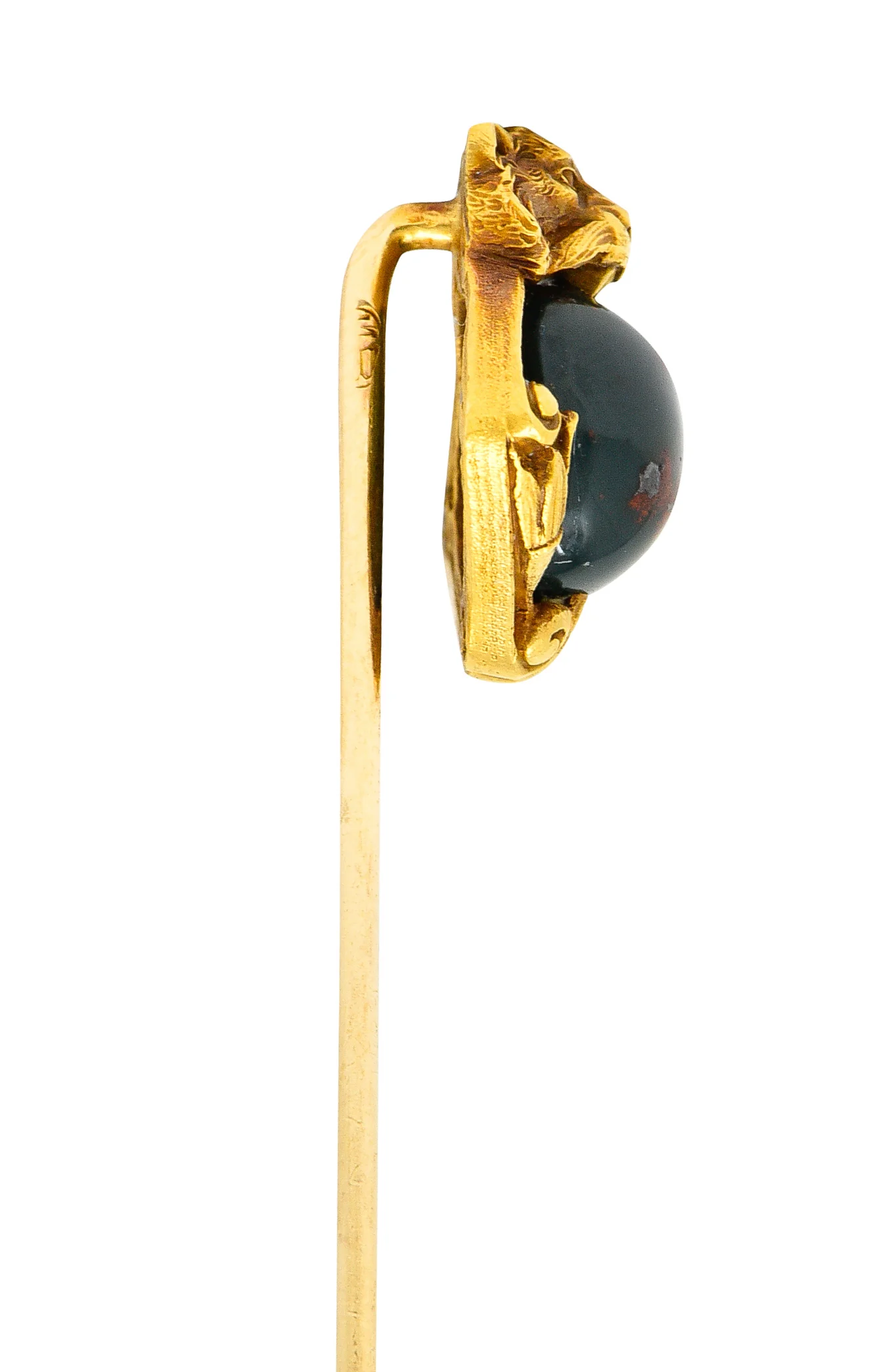 Art Nouveau Bloodstone Cabochon 18 Karat Yellow Gold Lion Lotus Antique Murrle Bennet Stickpin - Image 5