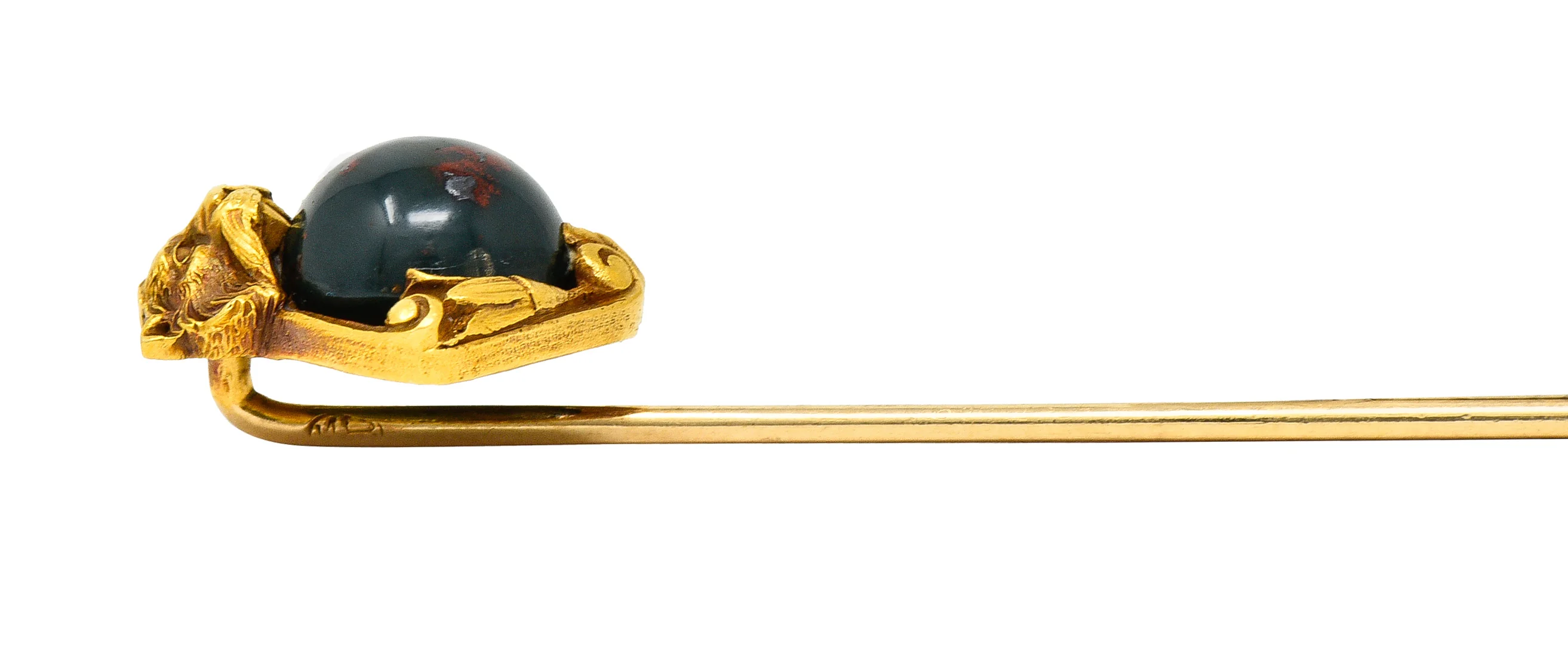 Art Nouveau Bloodstone Cabochon 18 Karat Yellow Gold Lion Lotus Antique Murrle Bennet Stickpin - Image 7