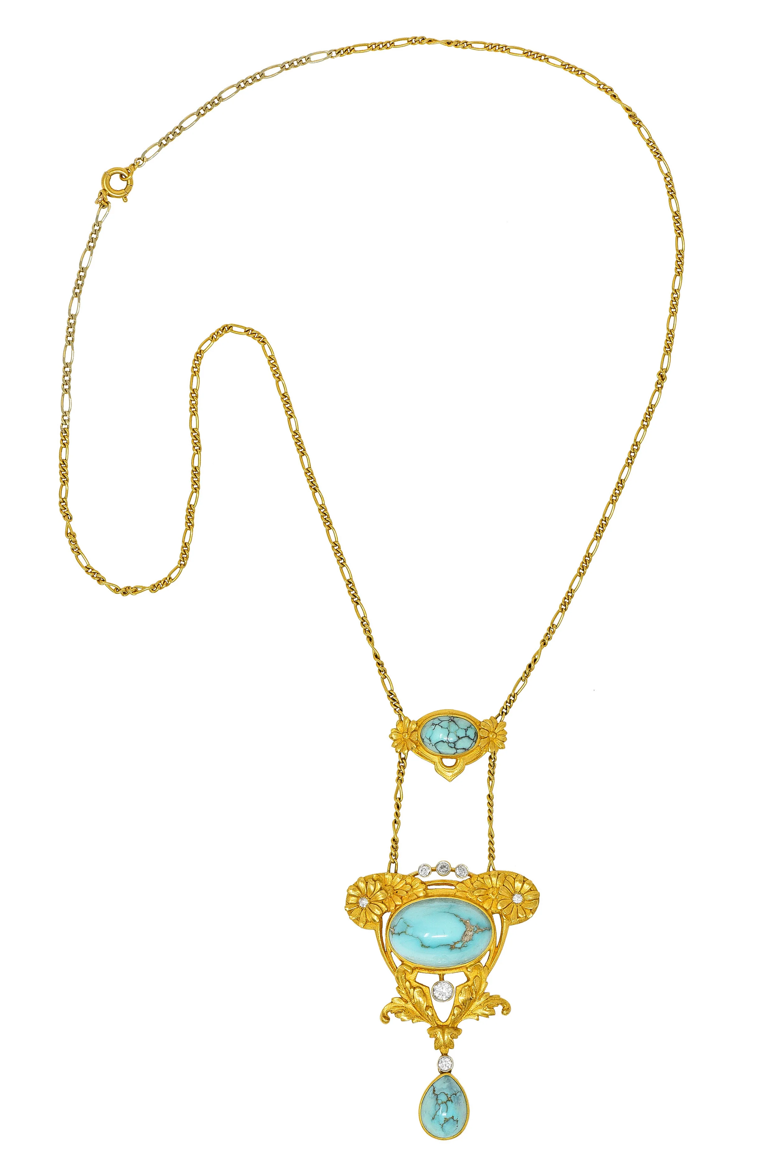 Art Nouveau Brassler Co. Turquoise Diamond 14 Karat Gold Swag Necklace - Image 2