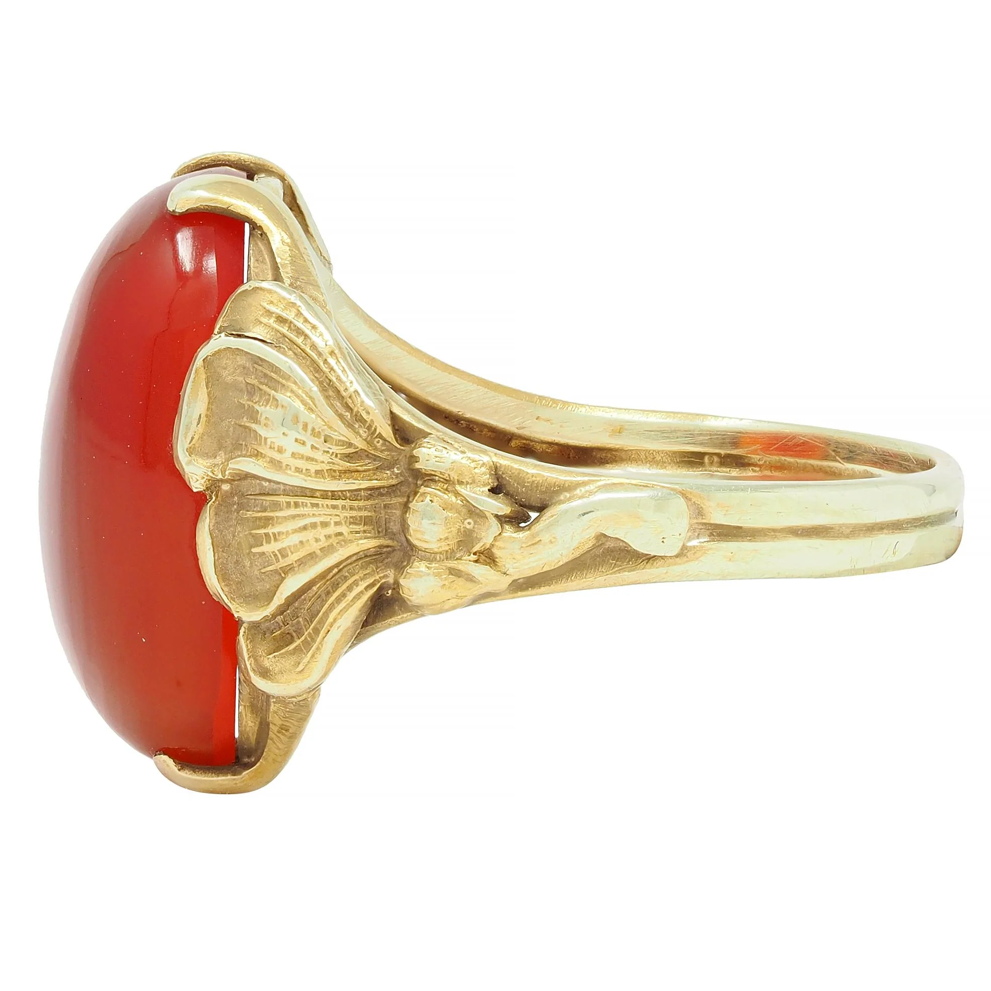 Art Nouveau Carnelian Cabochon 14 Karat Yellow Gold Antique Poppy Ring - Image 6