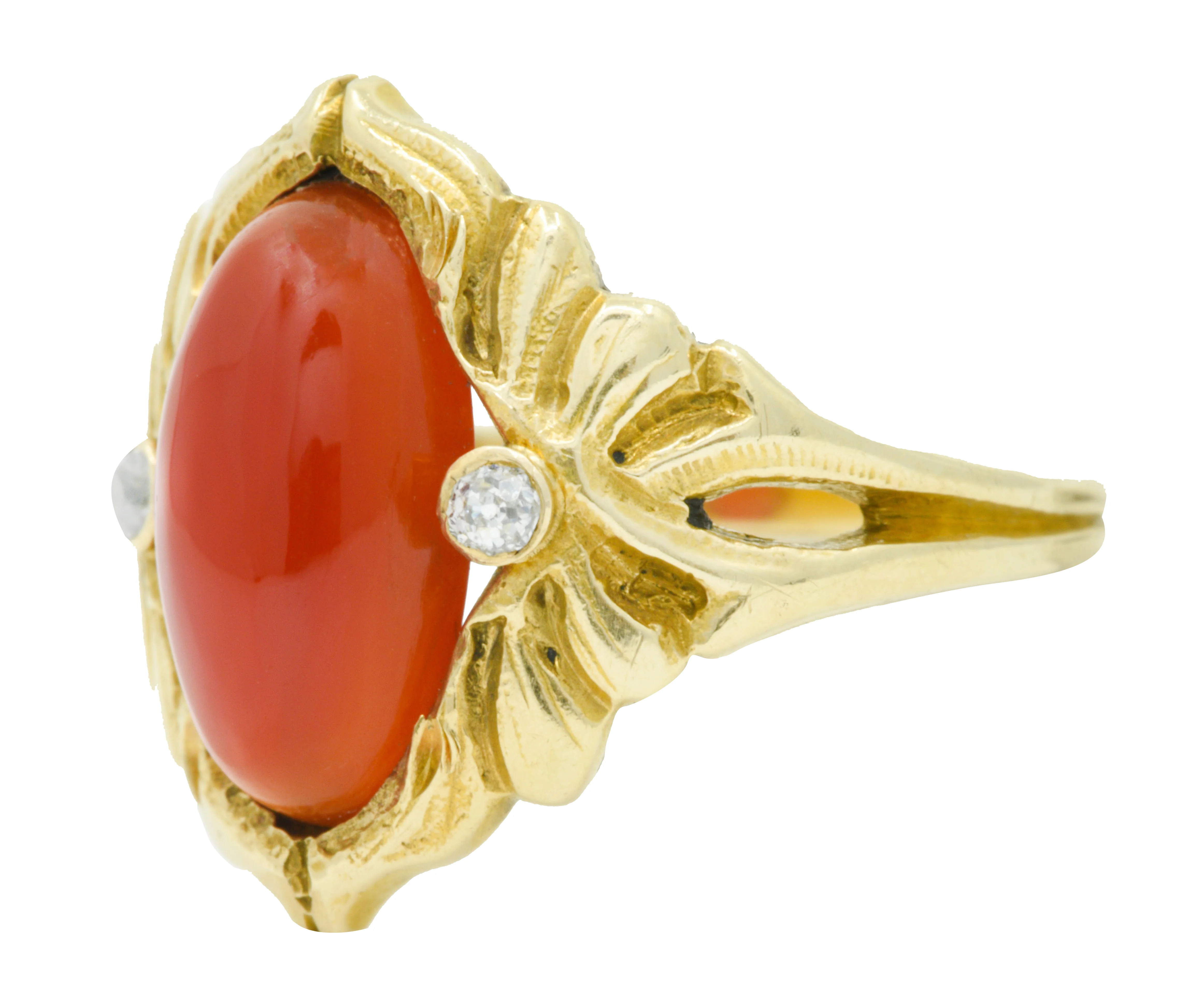 Art Nouveau Carnelian Diamond 14 Karat Gold Foliate Whiplash Ring - Image 4