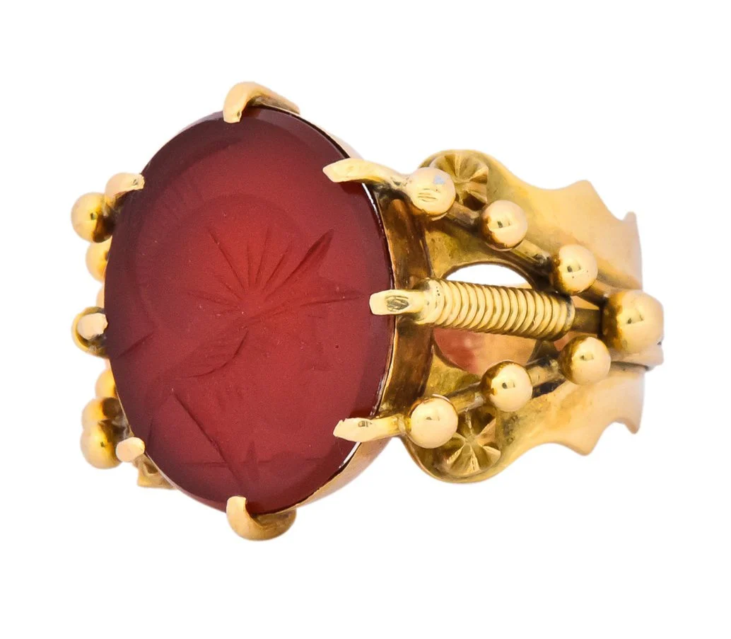Art Nouveau Carnelian Intaglio 18 Karat Gold Greek Warrior Signet Ring - Image 6