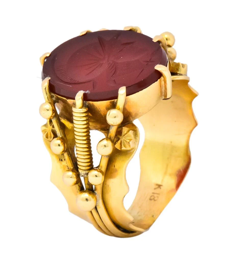 Art Nouveau Carnelian Intaglio 18 Karat Gold Greek Warrior Signet Ring - Image 8
