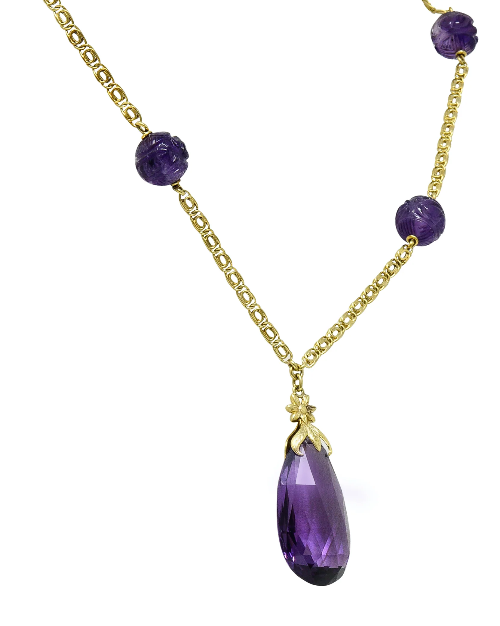 Art Nouveau Carved & Faceted Amethyst 14 Karat Gold Drop Necklace - Image 6