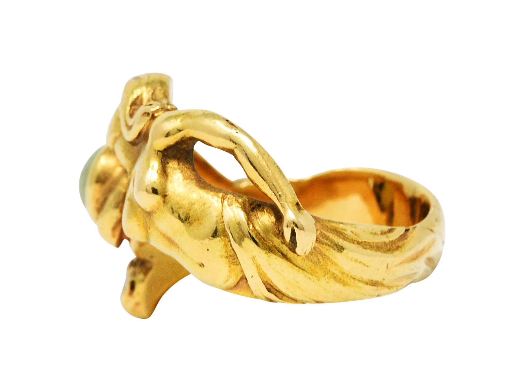 Art Nouveau Cat's Eye Chrysoberyl 18 Karat Gold Unisex Figural Band Ring - Image 5