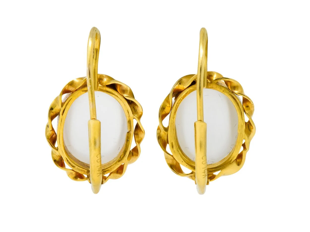 Art Nouveau Cats Eye Moonstone Cabochon 14 Karat Yellow Gold Earrings - Image 5