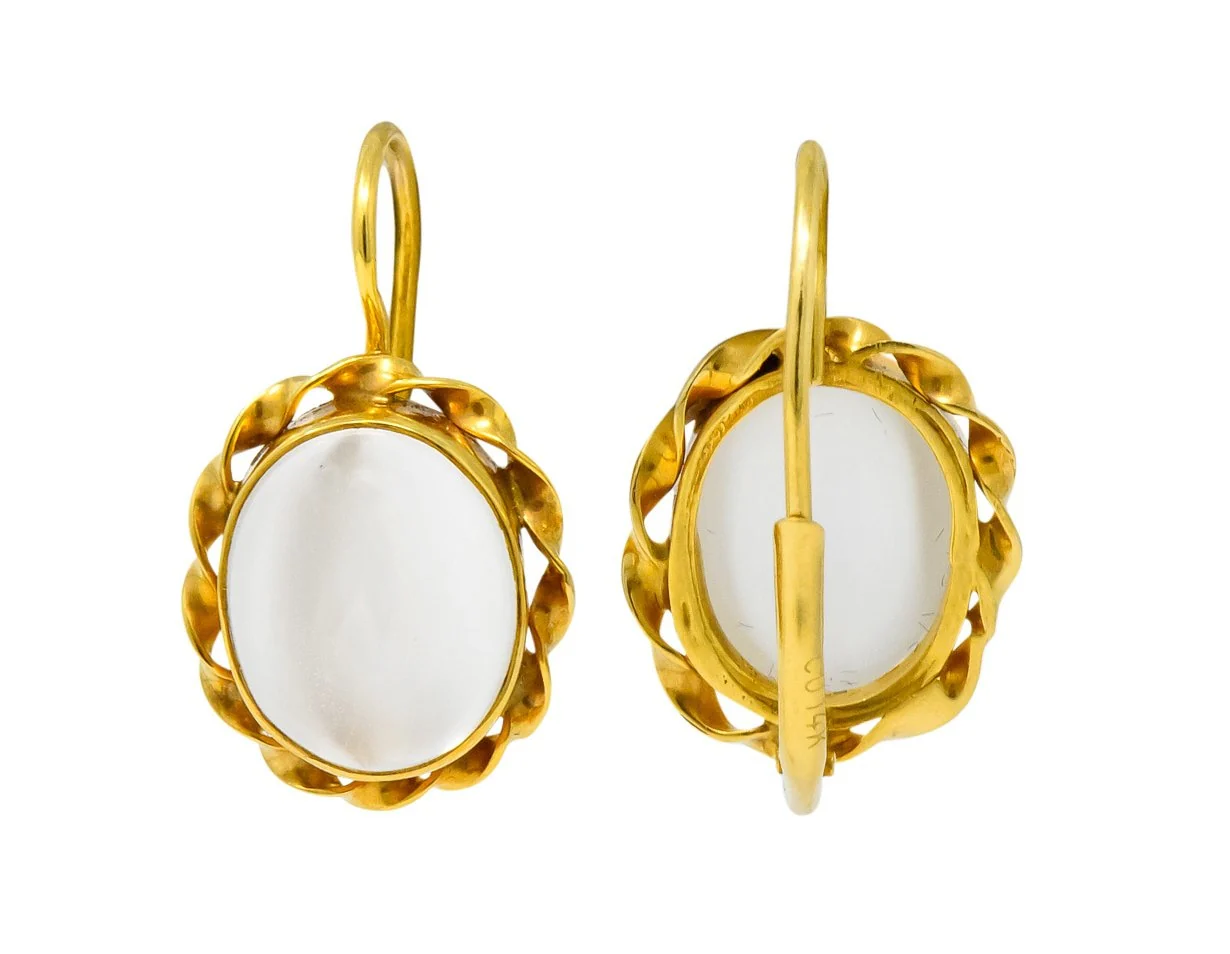 Art Nouveau Cats Eye Moonstone Cabochon 14 Karat Yellow Gold Earrings - Image 6