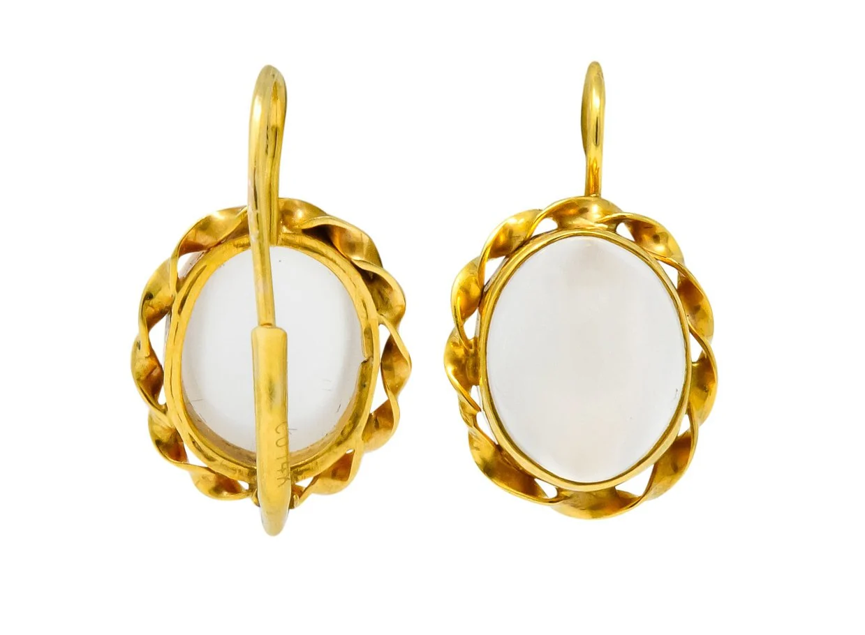 Art Nouveau Cats Eye Moonstone Cabochon 14 Karat Yellow Gold Earrings - Image 7