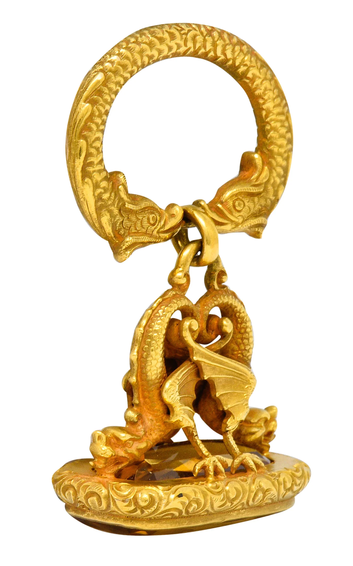 Art Nouveau Citrine 14 Karat Gold Sea Serpent Dragon Fob Pendant - Image 2