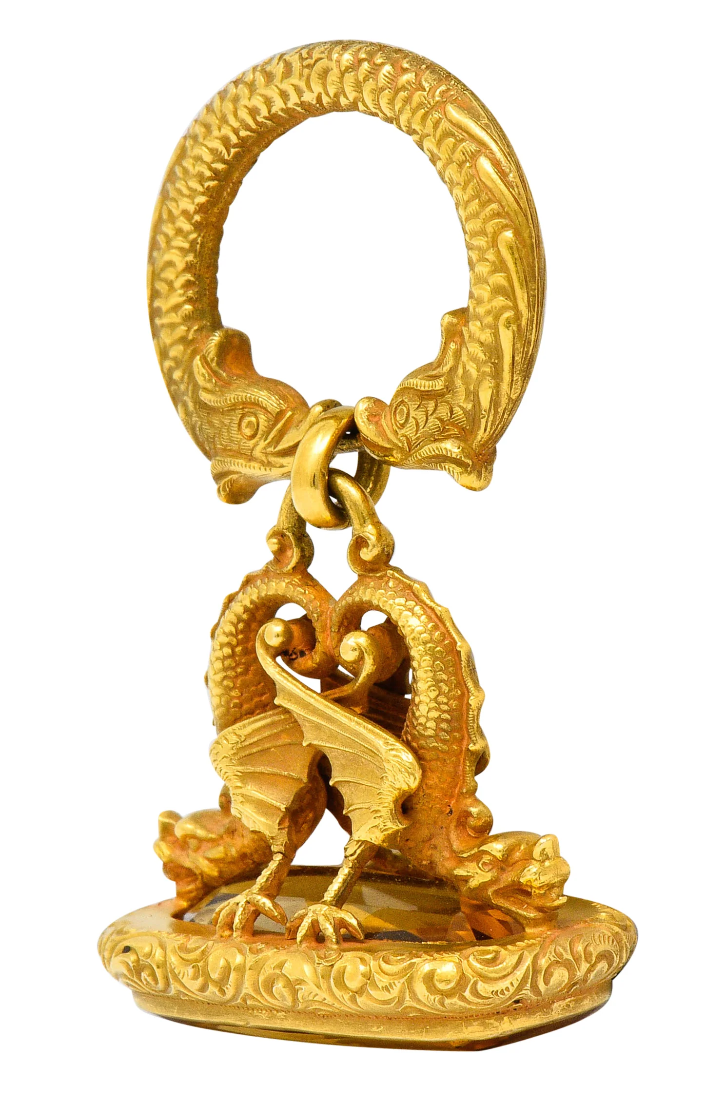 Art Nouveau Citrine 14 Karat Gold Sea Serpent Dragon Fob Pendant - Image 3