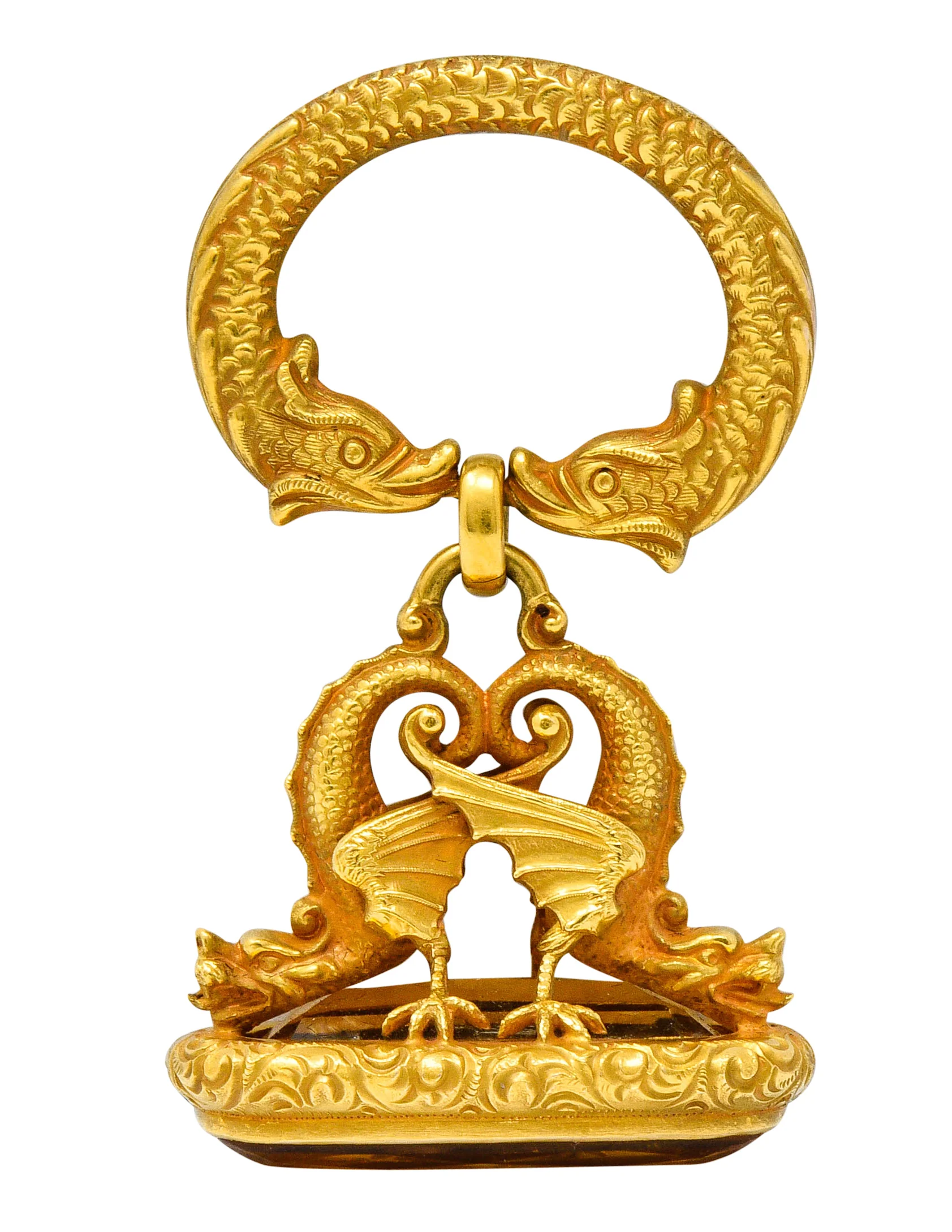 Art Nouveau Citrine 14 Karat Gold Sea Serpent Dragon Fob Pendant - Image 4