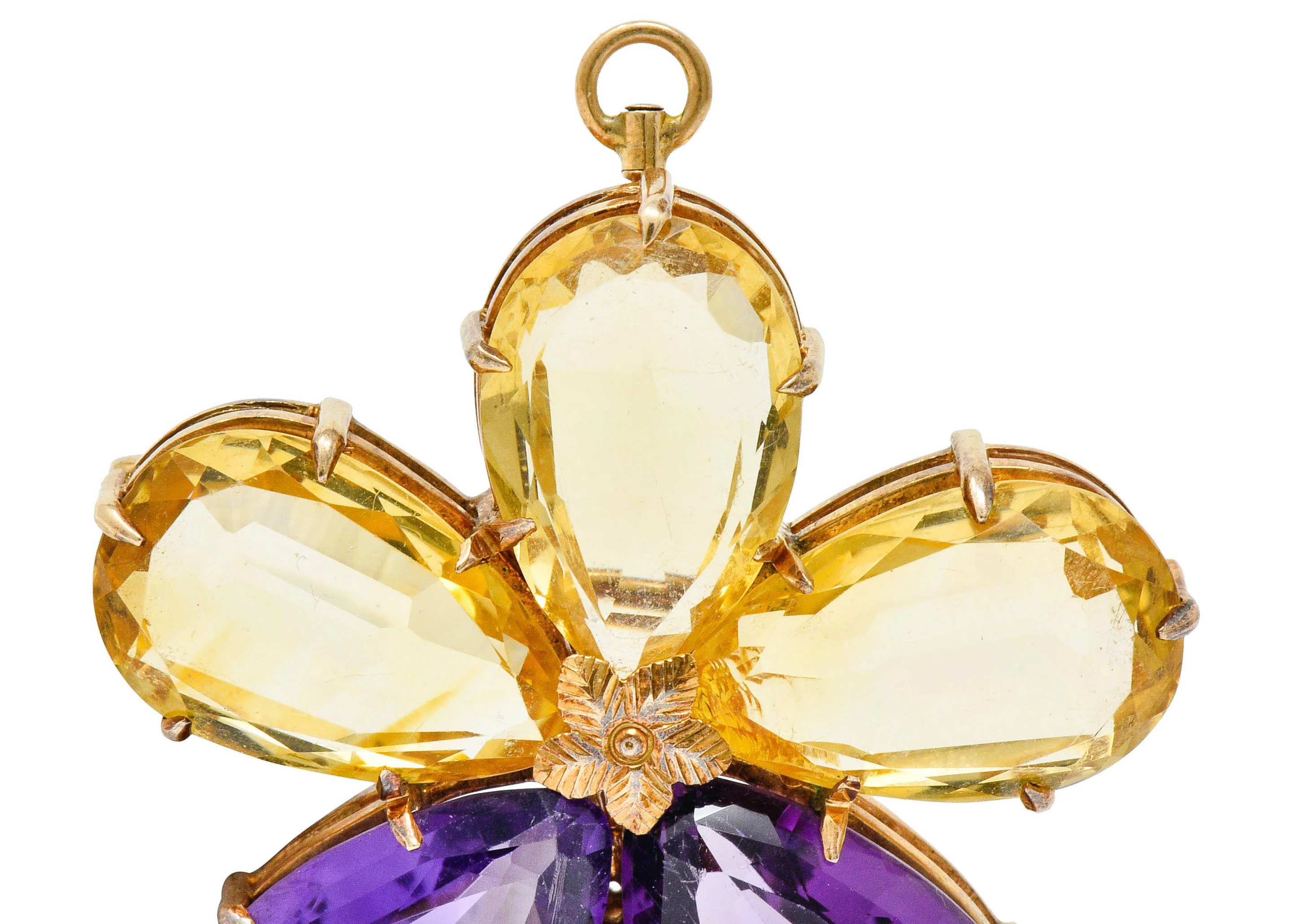 Art Nouveau Citrine Amethyst 14 Karat Rose Gold Flower Pendant Brooch - Image 4