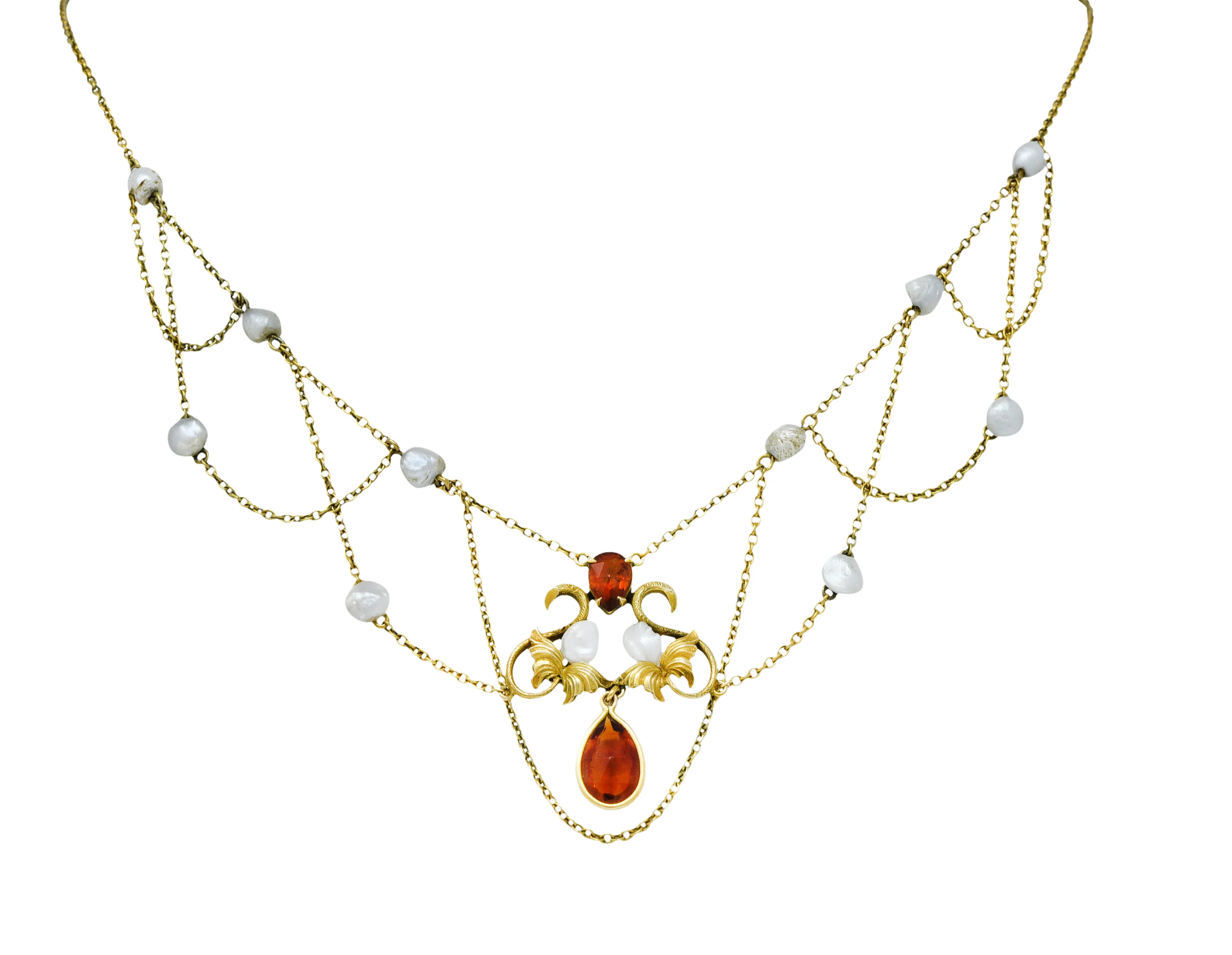 Art Nouveau Citrine Baroque Pearl 14 Karat Gold Swag Necklace
