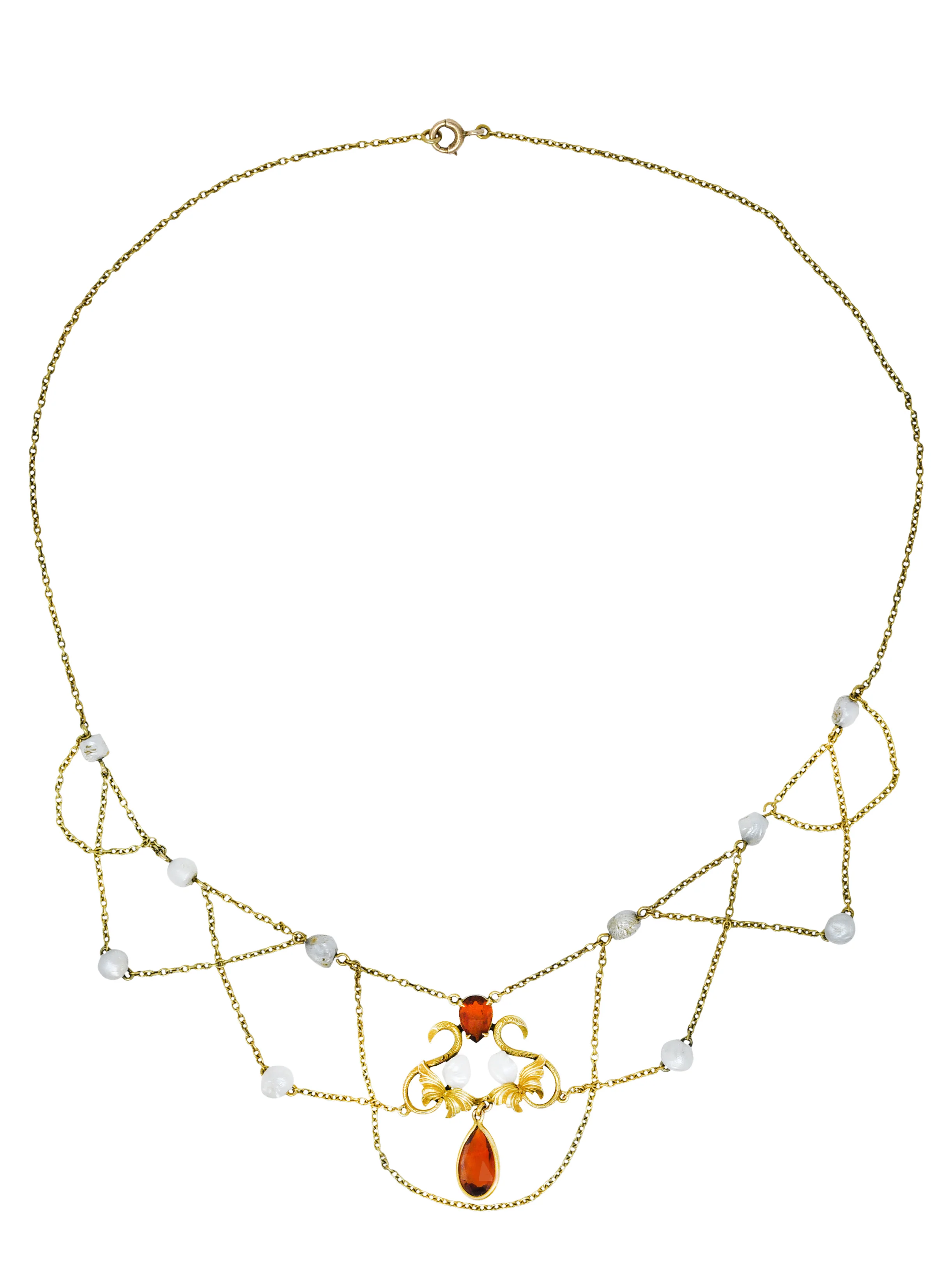 Art Nouveau Citrine Baroque Pearl 14 Karat Gold Swag Necklace - Image 2