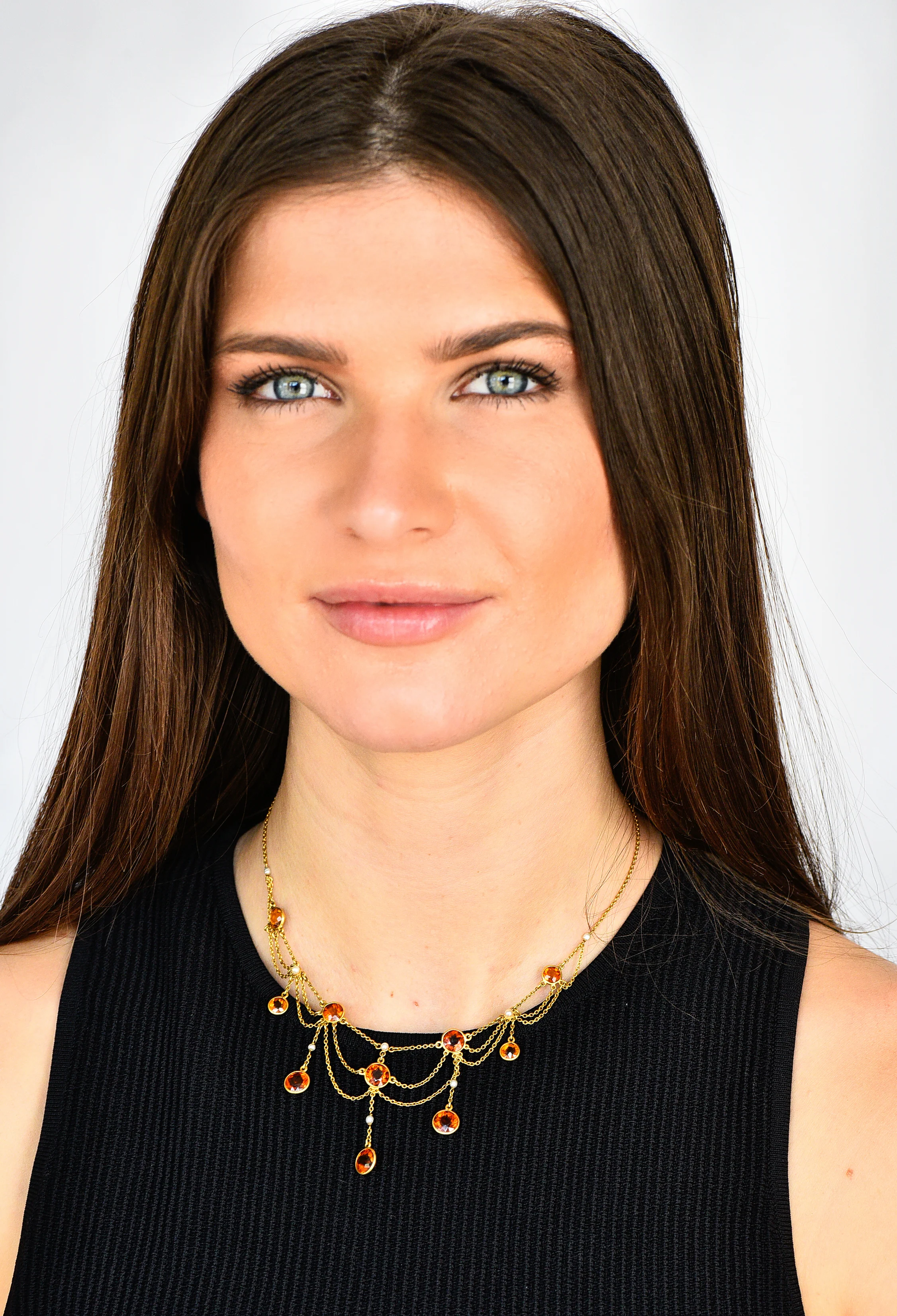 Art Nouveau Citrine Pearl 14 Karat Gold Swag Station Necklace - Image 9