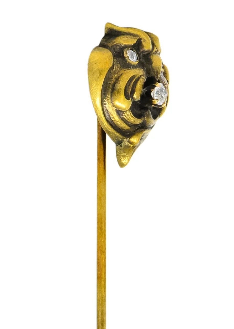 Art Nouveau Diamond 10 Karat Gold Stylized Owl Stickpin - Image 10