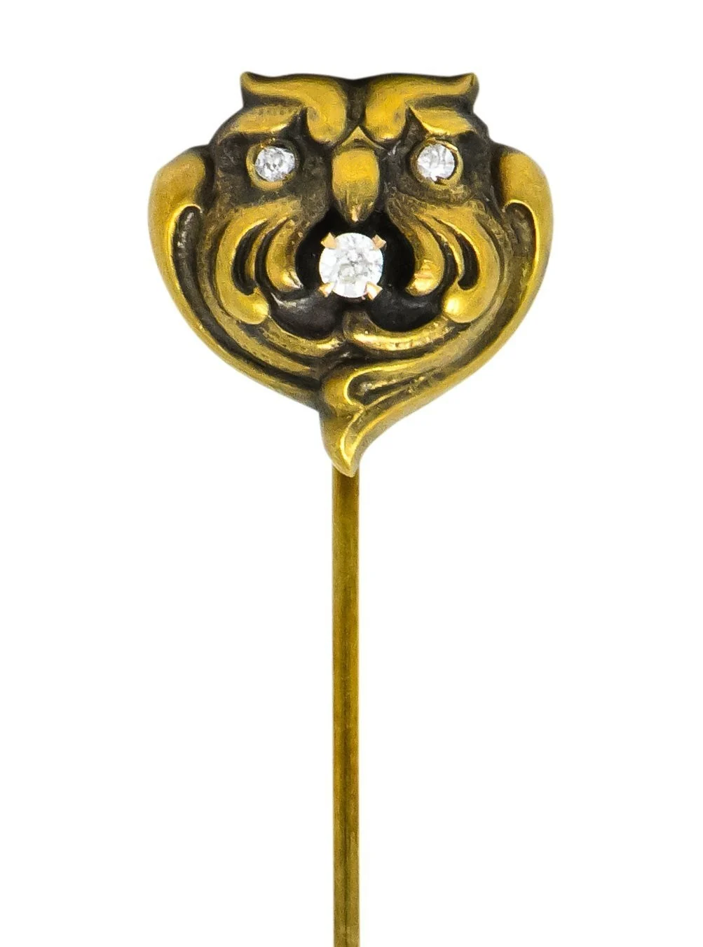 Art Nouveau Diamond 10 Karat Gold Stylized Owl Stickpin - Image 7