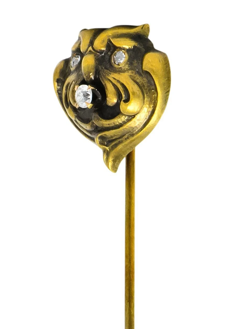 Art Nouveau Diamond 10 Karat Gold Stylized Owl Stickpin - Image 8
