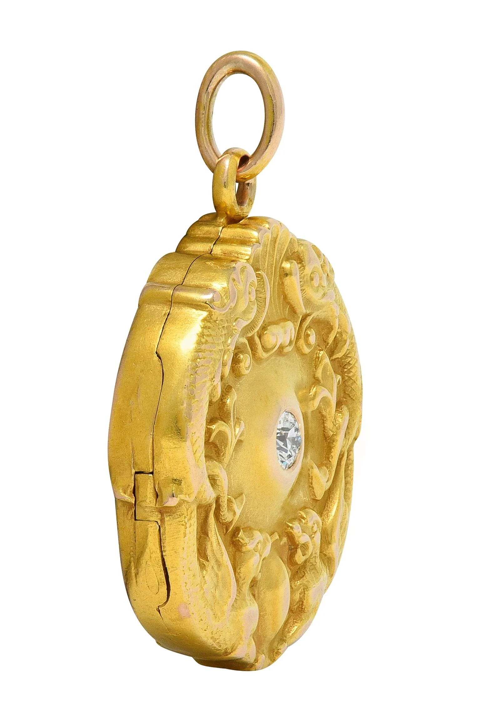 Art Nouveau Diamond 14 Karat Two-Tone Yellow Rose Gold Antique Serpent Griffon Locket Pendant - Image 5