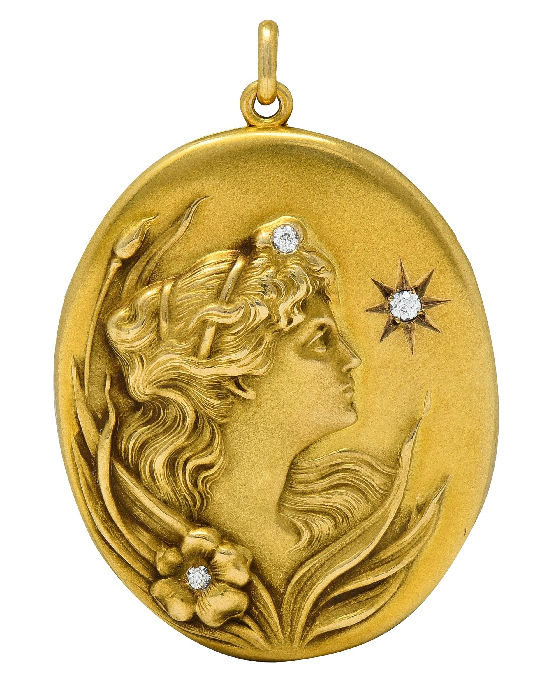 Substantial Art Nouveau Diamond 14 Karat Yellow Gold Antique Lady Locket Pendant