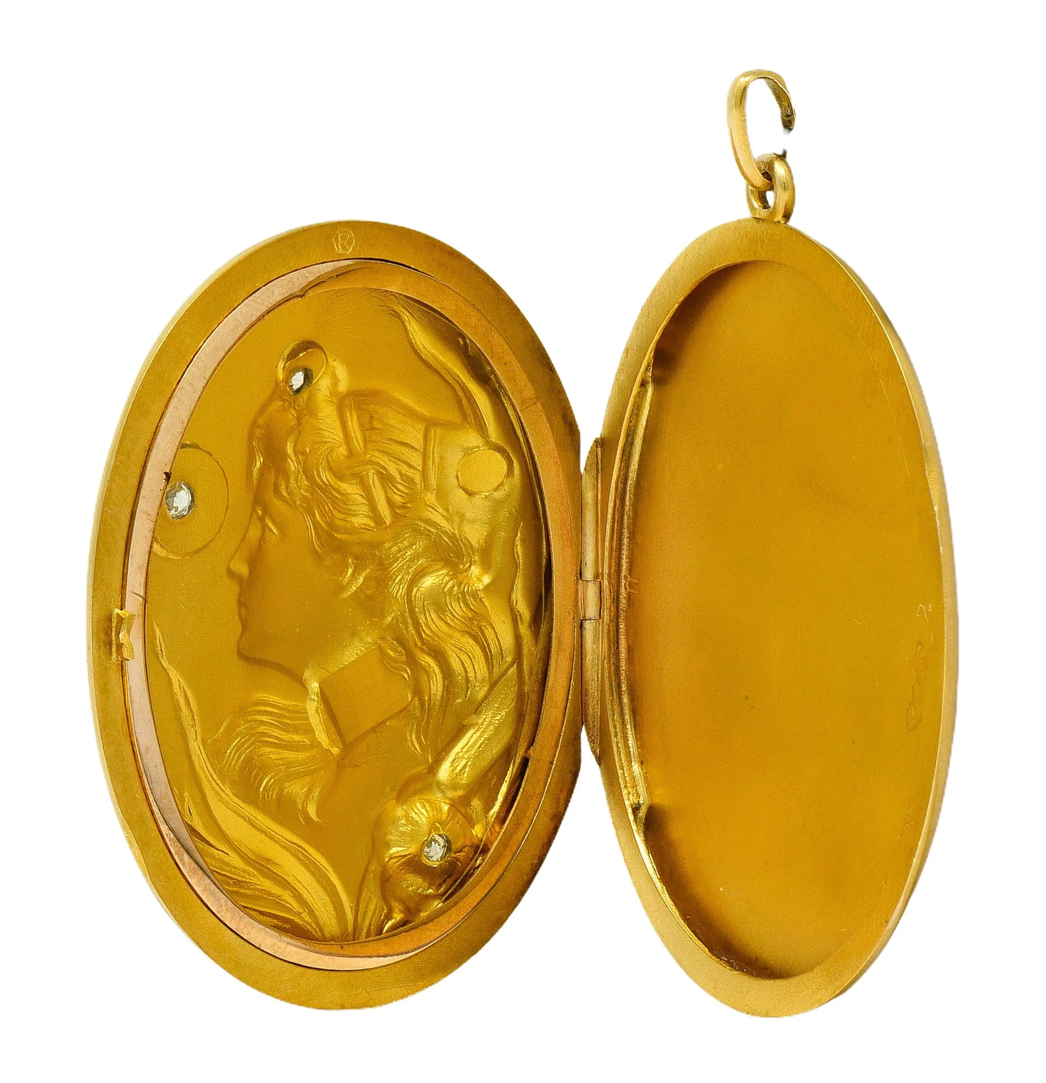Substantial Art Nouveau Diamond 14 Karat Yellow Gold Antique Lady Locket Pendant - Image 6