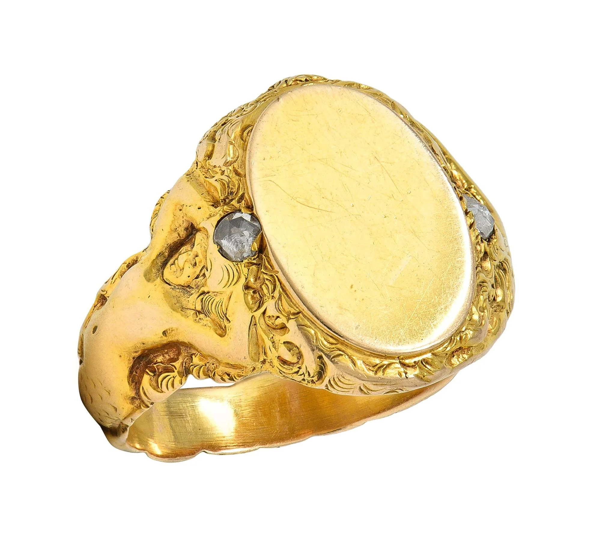 Art Nouveau Diamond 14 Karat Yellow Gold Antique Mermaid Signet Ring - Image 13