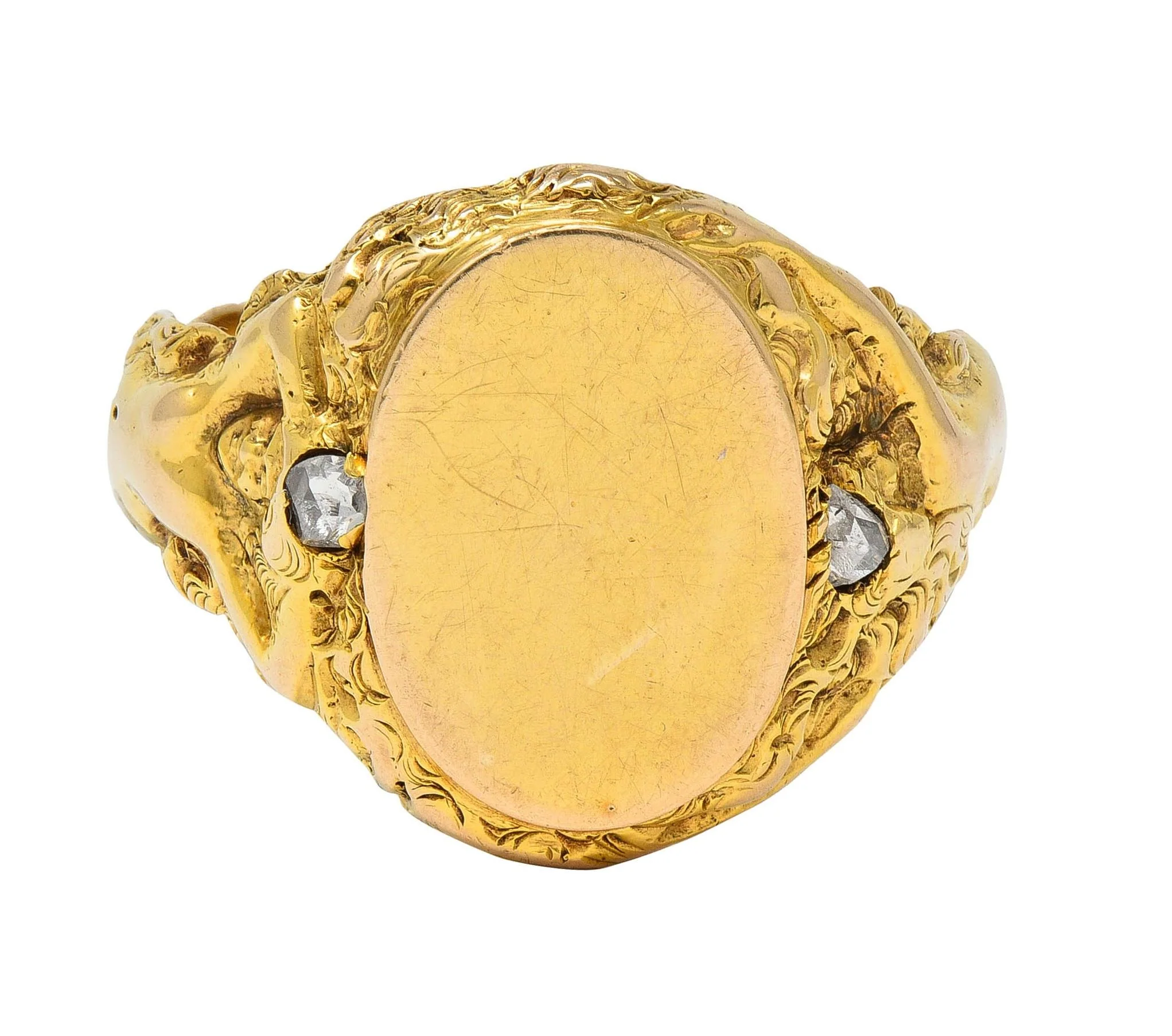 Art Nouveau Diamond 14 Karat Yellow Gold Antique Mermaid Signet Ring - Image 2
