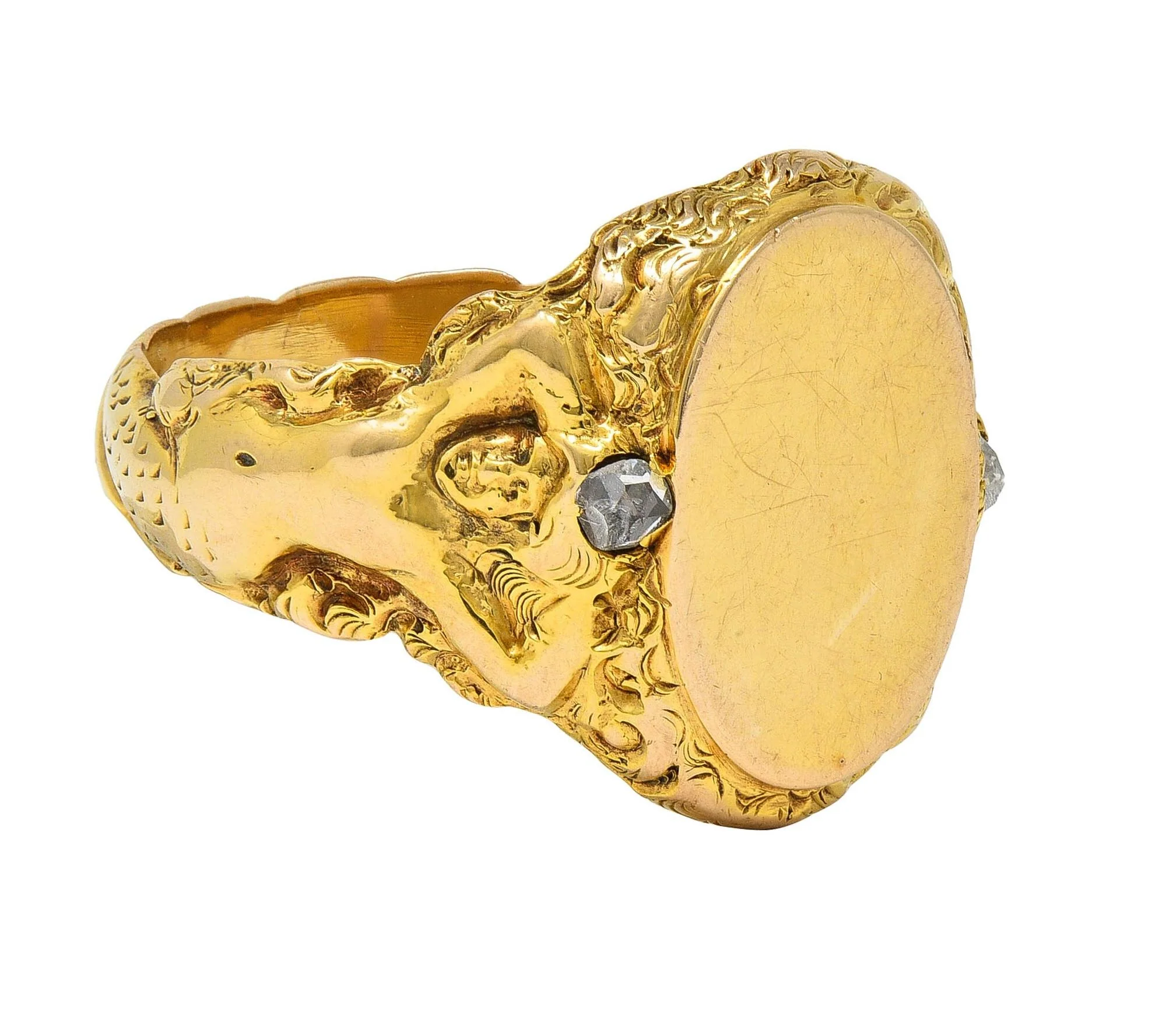 Art Nouveau Diamond 14 Karat Yellow Gold Antique Mermaid Signet Ring - Image 3